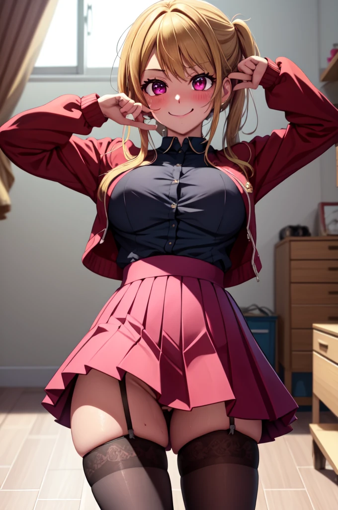 anime, beautiful face, highly detailed face, 2 accurate legs, pink detailed eyes, highly detailed background, perfect lighting, accurate arms, accurate hands, accurate fingers, accurate footwear, perfect legs. full body, 1girl, solo, ruby hoshino, oshi no ko, indoors, bedroom, heels, thighhighs, garter stockings, sexy school uniform, school jacket, school shirt unbutton, absurdres, high res, ultrasharp, 8K, masterpiece, looking at viewer, (full body:1.2), teasing smile, mouth wide open, very wet, blushed, nsfw, breast, standing, leaning forward towards viewer, heart hands, own hands together