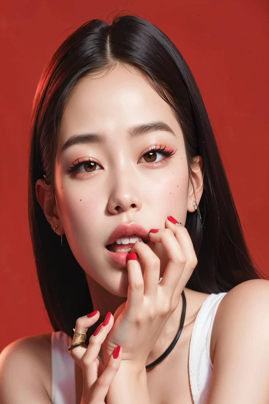 um close de uma mulher com batom vermelho e estrangulamento, jennie blackpink, Parque Roseanne do Blackpink, portrait of jossi do blackpink, jossi do blackpink, Retrato Jisoo Blackpink, jisoo do blackpink, Parque Ji-min, Jisoo do Blackpink, maquiagem sul-coreana popular, Gongbi, Heonhwa Choe, maquiagem coreana popular