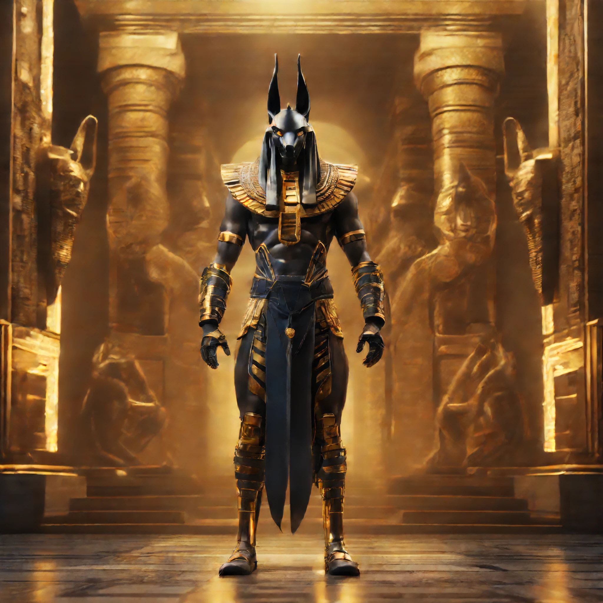 Egyptian god Anubis superhero in high-tech superhero exosuit, Anubis looks great, Anubis looks strong, mythical setting, full pose, full body, symbolism of ancient Egypt, pay attention to Anubis's face and costume, realistic photo, cinematic processing, high detail