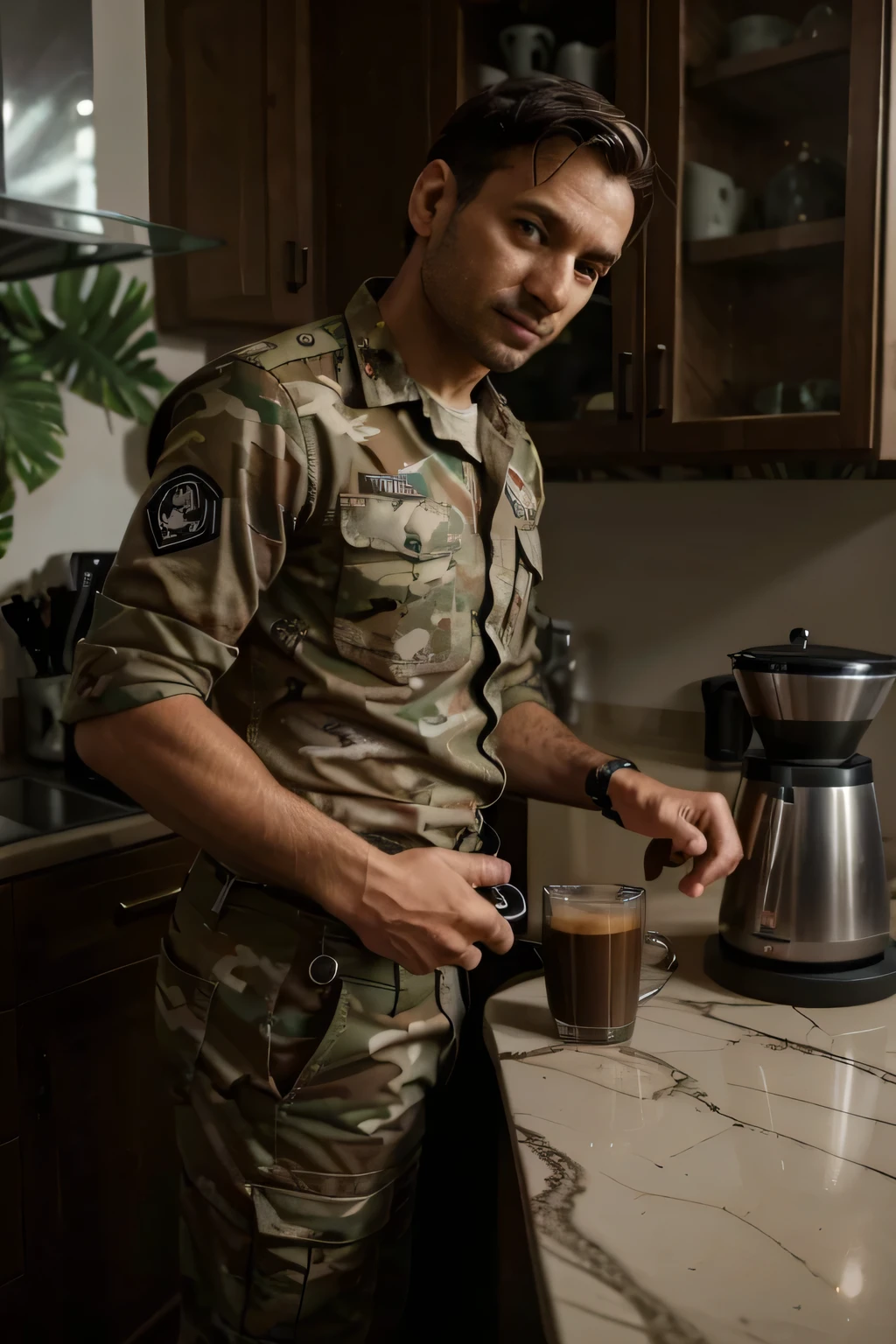homem com farda de soldado, the uniform is camouflaged with jungle camouflage, coffee on a counter, in a coffee machine, with the car key hanging from his pants, Include a car key hanging from the outside of your pants pocket, a chave deve estar aparecendo muito nitidamente rica pelo chaveiro, o homem deve usar um smartwatch. improve the quality of the smartwach and also insert another car key hanging from the waistband of your pants, there should be several keys showing in the waistband of your pants, sendo chaves de carros.