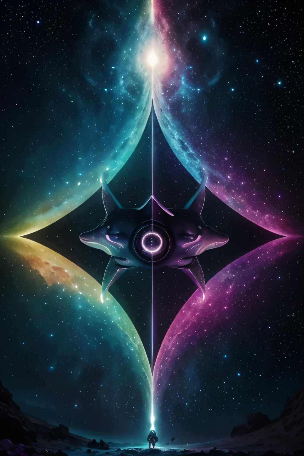 The eyes of the beholder must be guided on a cosmic journey, discovering exotic beings that seem to dance among stars and nebulae. Use a unique and dynamic color palette, ensuring every animal and cosmic element stands out, creating visually impactful and unforgettable work. adicione alguns animais como: two sharks circling in an aquarium