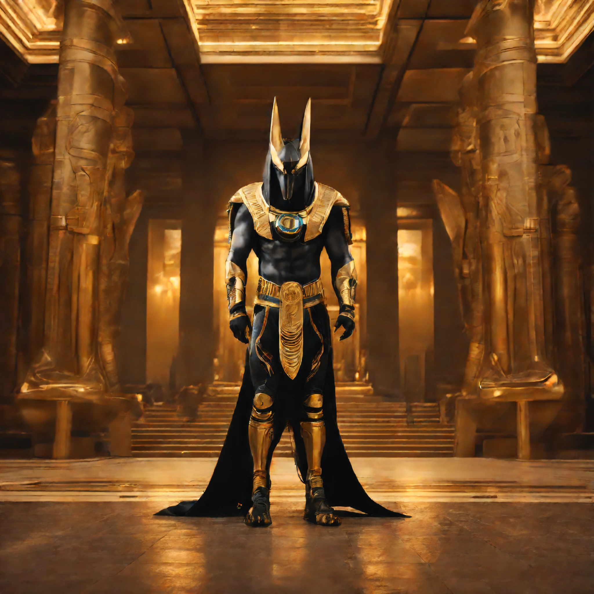 Egyptian god Anubis superhero in high-tech superhero exosuit, Anubis looks great, Anubis looks strong, mythical setting, full pose, full body, symbolism of ancient Egypt, pay attention to Anubis's face and costume, realistic photo, cinematic processing, high detail