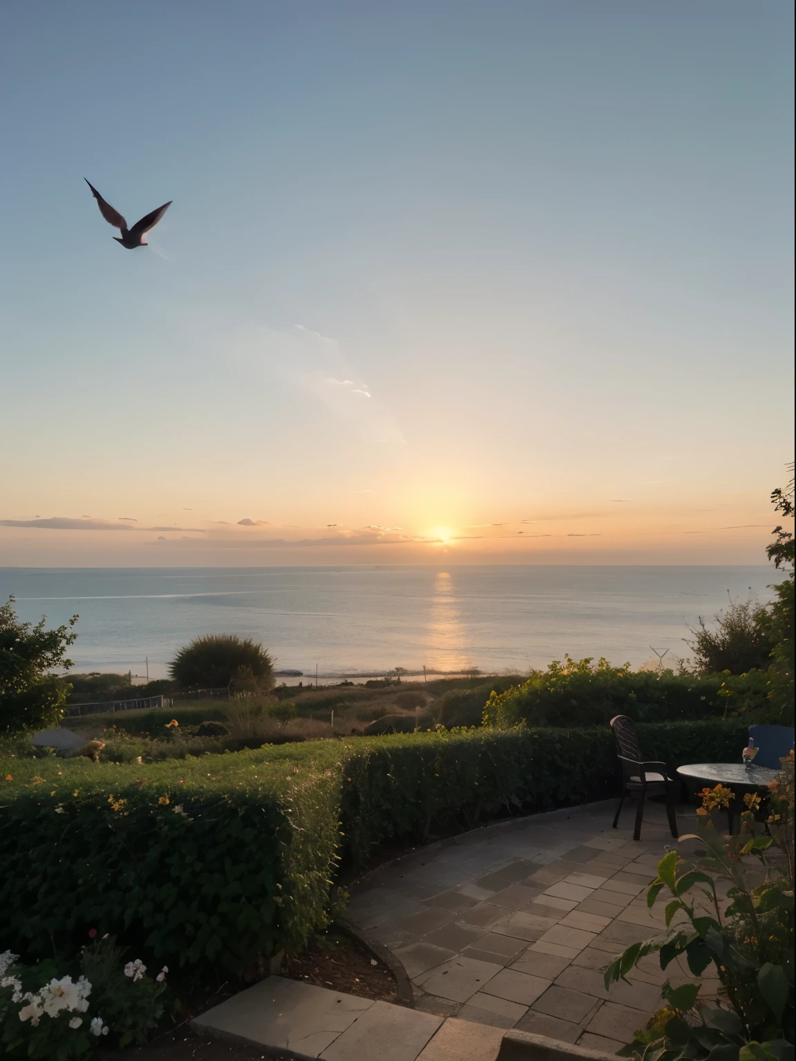 Blue sea background, birds, sun set, garden,