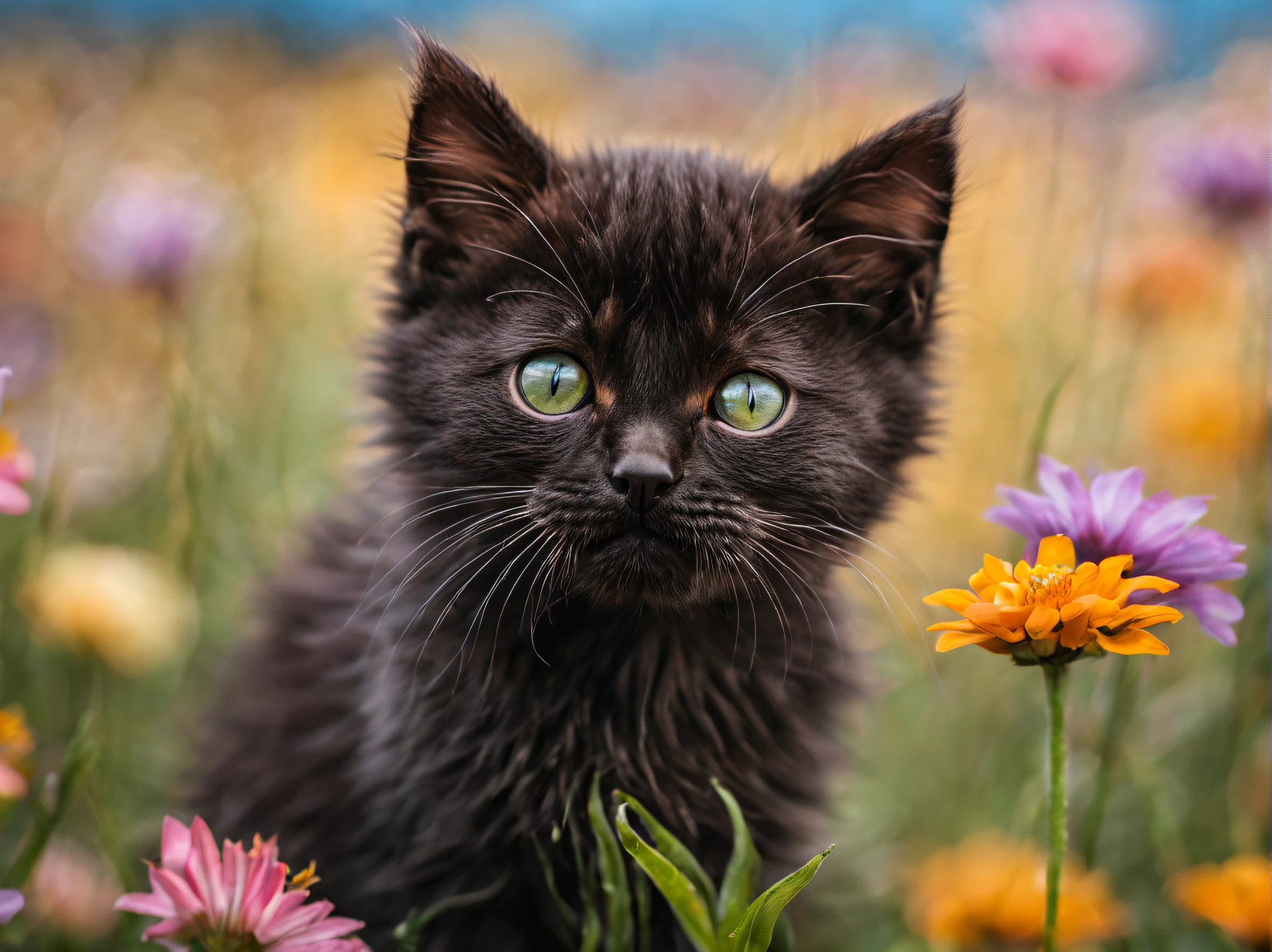 Close-up shot of a playful little black kitten surrounded by vibrant flowers in a meadow, capturing the essence of innocence and joy, with a neutral background. Utilize macro photography to highlight the intricate details of the kitten's fur and the delicate petals of the flowers. Use a Nikon D850 DSLR camera with a 105mm f/2.8 lens to achieve hyper-realism and bring out the richness of the colors. Opt for a soft, diffused lighting setup to create a dreamy atmosphere. Emphasize pastel color palettes and a shallow depth of field to evoke a sense of tranquility and whimsy. These images should be highly detailed and presented in high-resolution 16k to showcase the kitten and flowers in all their beauty and splendor. --ar 16:9 --q 2