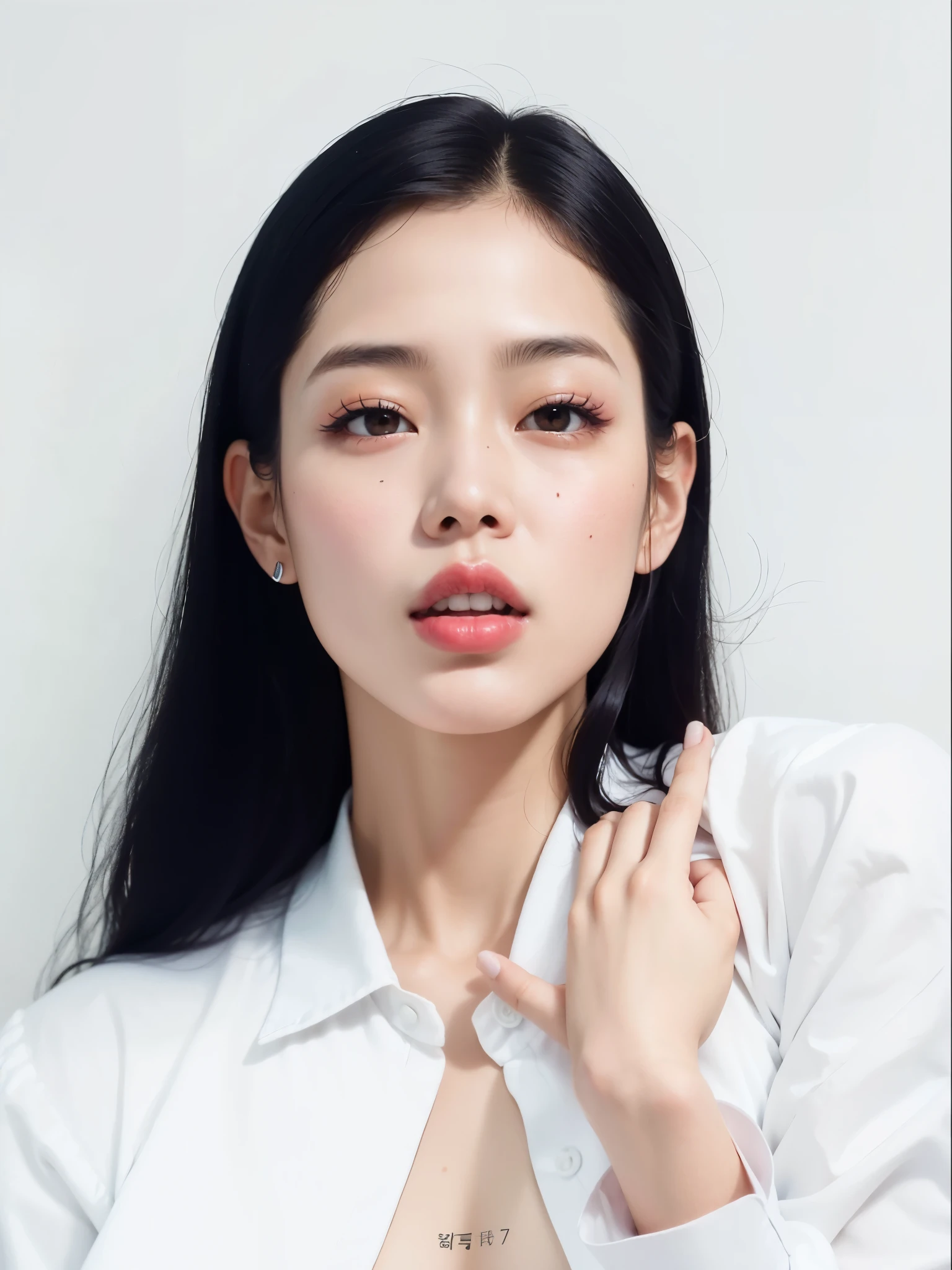 um close up de uma mulher com longos cabelos pretos vestindo uma camisa branca, jennie blackpink, Gongbi, Lee Ji - Eun, Lee Ji-eun, Jaeyeon Nam, Kim Doyoung, jia, Sha Xi, Heonhwa Choe, Parque Ji-min, faint red lips, Artista coreano, kwak ji jovem, Kim Jung segura