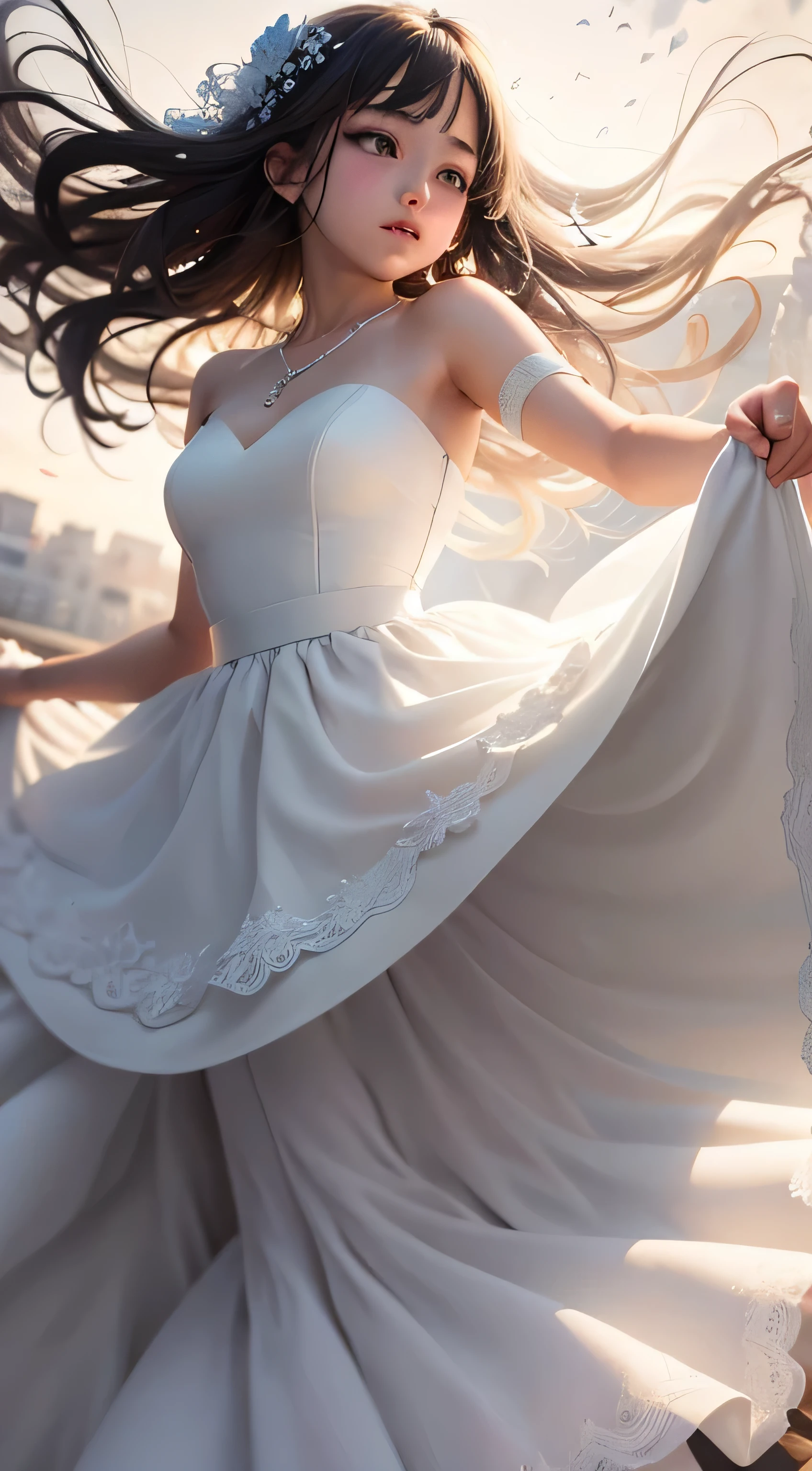 Teenage girl,soft long skirt,Long skirt fluttering in the wind,Wedding dress,A lot of detail