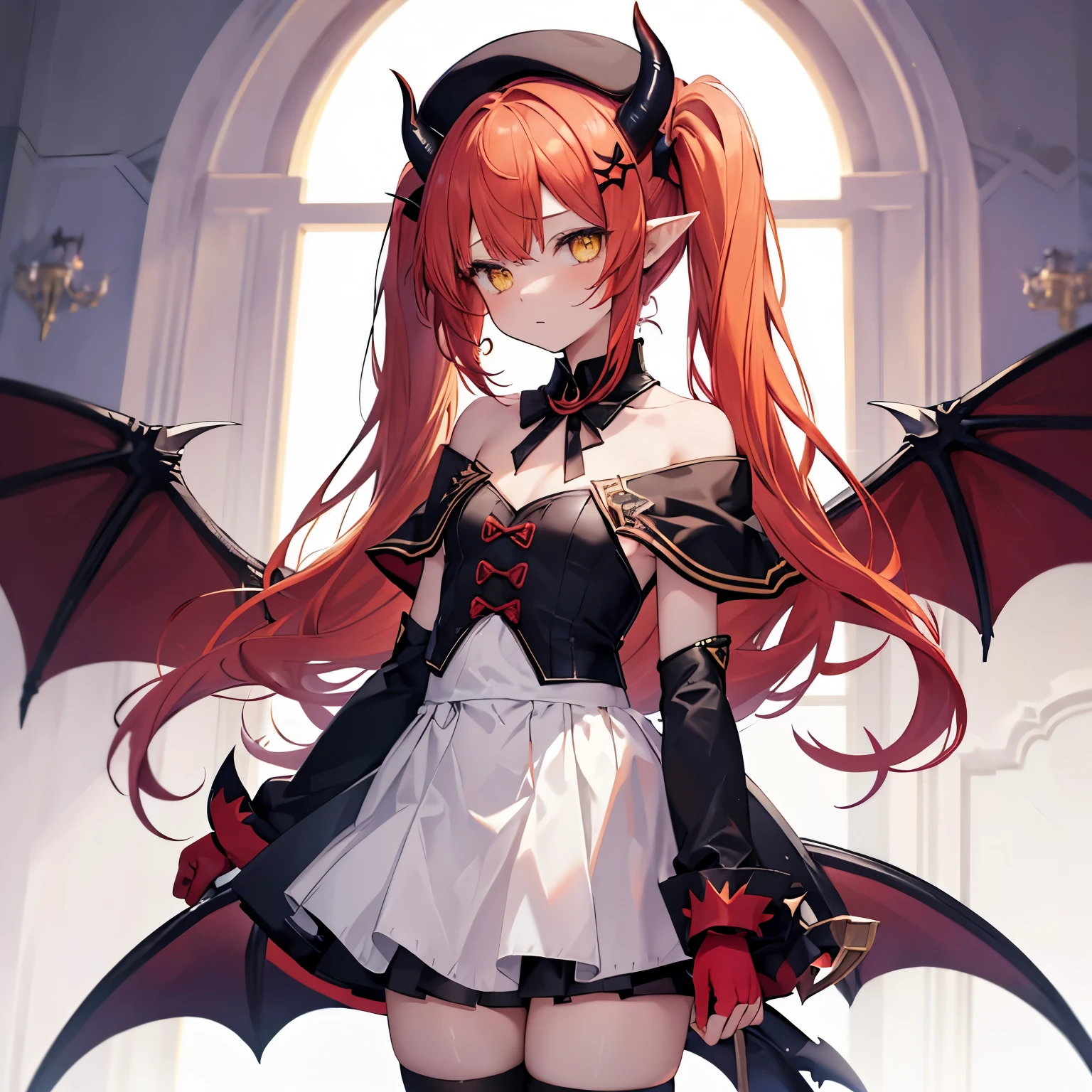 masterpiece, best quality, 1girl, solo, yellow eyes, red hair, small breast, demon girl, demon tail, demon wings, small demon horns, pointy ears, (small breast), (flat chest), twintails, bat hair ornament, cape, white shirt, white legwear, stuffed toy, stuffed animal toy, beret, gloves, bangs, hat