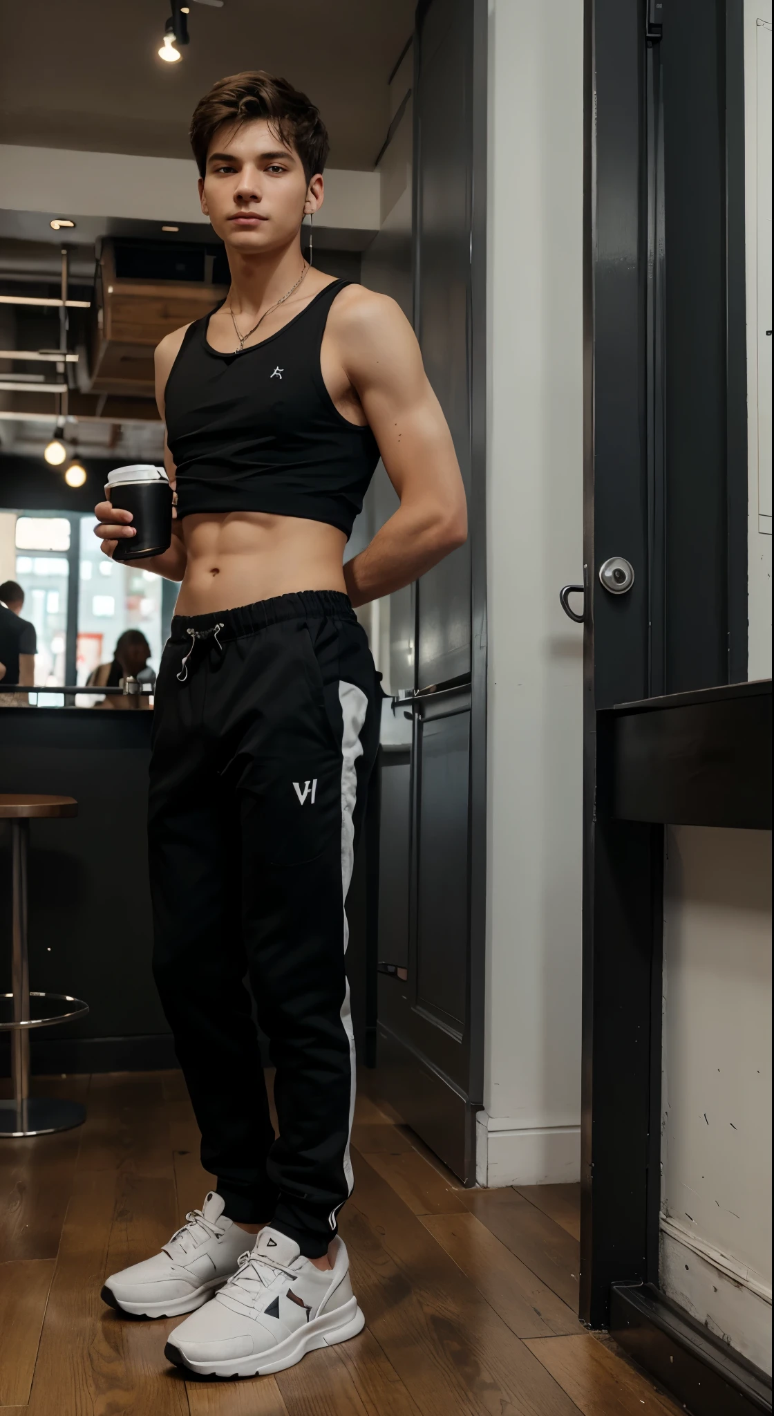Boy standing in a cafe, он одет в Black Short Top, black pants, fashionable gaming sneakers, на голове earphones, Black Short Top, earphones, boy in a cafe