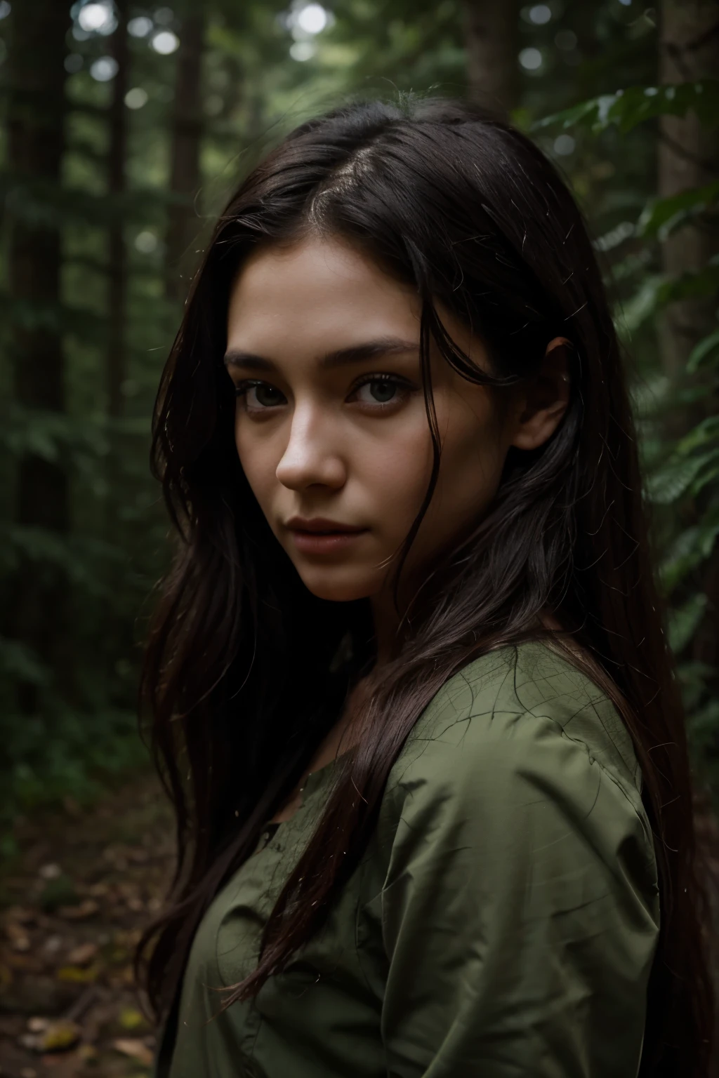 [[realistic model]], [[a beautiful girl with long hair with black curles]], [[green eyes]], [[gloomy, dark forest background]], [[poor natural lighting]], [[great quality]],[[masterpiece]], [[best artist]], [[best performance]], [[asian futures]], [[HDR+]]