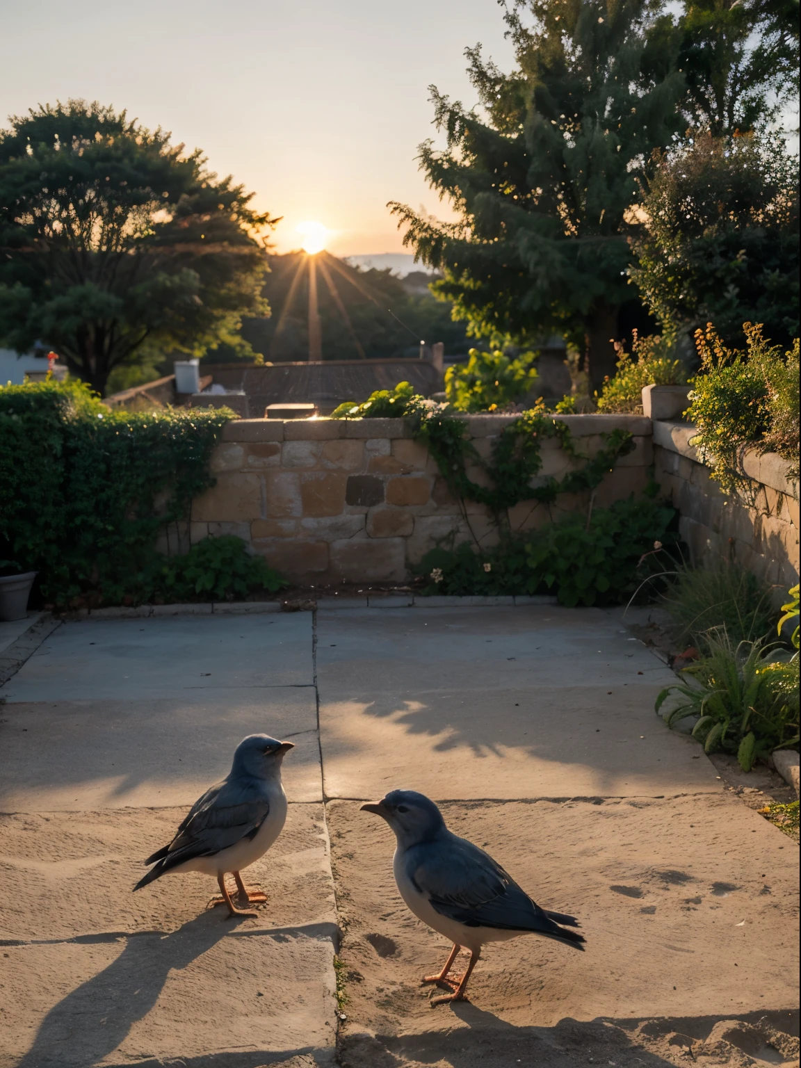Blue sea background, two birds, sun set, garden,