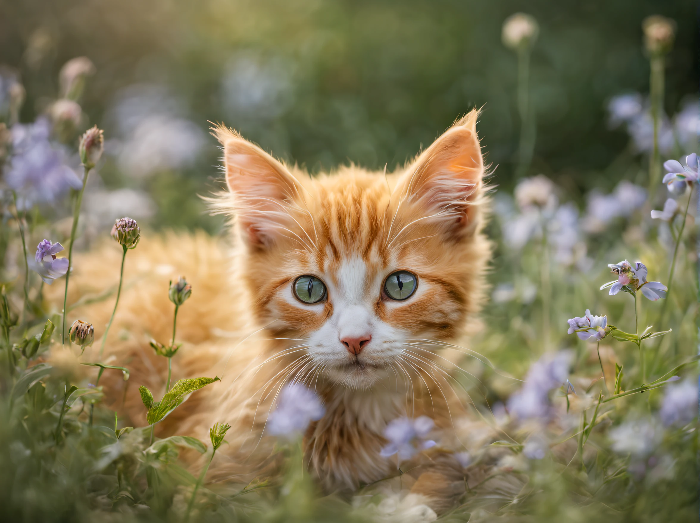 A serene composition featuring a tiny ginger kitten nestled amidst a bed of wildflowers, set against a neutral background. Emulate the style of Impressionist paintings, with soft brushstrokes and a gentle, dreamlike quality. Utilize a Fujifilm X-T3 mirrorless camera with a 35mm f/1.4 lens to capture the scene with a sense of intimacy and warmth. Incorporate natural lighting to enhance the natural beauty of the flowers and create a soft, diffused glow. Aim for a pastel color palette, reminiscent of Monet's Water Lilies, to create a peaceful and ethereal ambiance. These images should exhibit hyper-realism and tremendous attention to detail in high-resolution 16k to bring out the fine textures of the kitten's fur and the intricate patterns of the flowers. --ar 16:9 --q 2