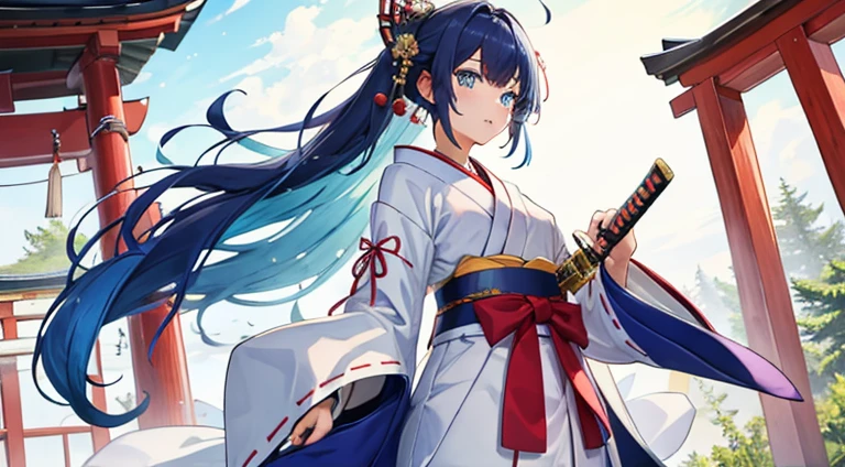 Blue-haired、Blue eyes、Beautiful woman in shrine maiden clothes、holding a katana、sword on waist、white lines in hair、