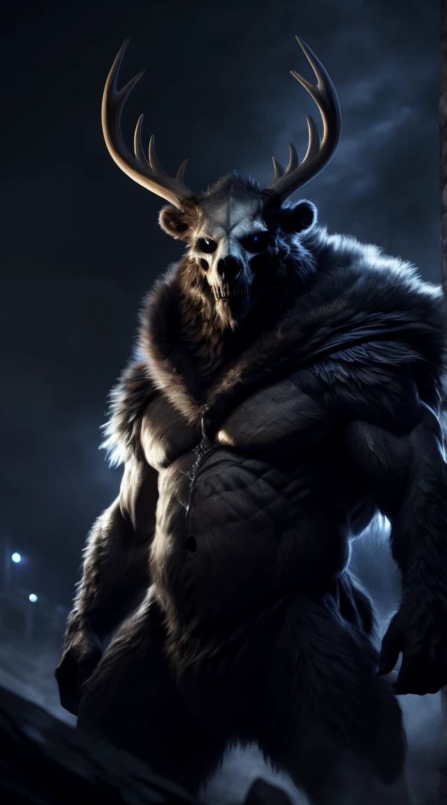 monster, fur on body, scales on belly, majestic fur mantle, wendigo skull, elk horns, giant, bear body, threatening, stands menacingly, wide body, illustration, (best quality, 4k, highres, masterpiece:1.2), ultra-detailed, realistic, horror, sharp focus, vivid colors, nighttime lighting,