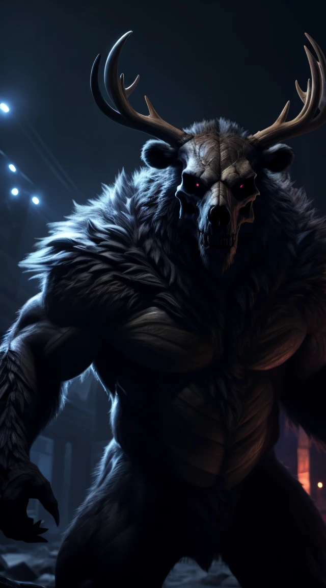 monster, fur on body, scales on belly, majestic fur mantle, wendigo skull, elk horns, giant, bear body, threatening, stands menacingly, wide body, illustration, (best quality, 4k, highres, masterpiece:1.2), ultra-detailed, realistic, horror, sharp focus, vivid colors, nighttime lighting,