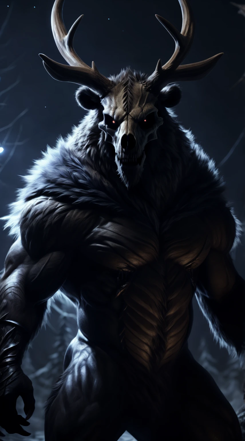 monster, fur on body, scales on belly, majestic fur mantle, wendigo skull, elk horns, giant, bear body, threatening, stands menacingly, wide body, illustration, (best quality, 4k, highres, masterpiece:1.2), ultra-detailed, realistic, horror, sharp focus, vivid colors, nighttime lighting,