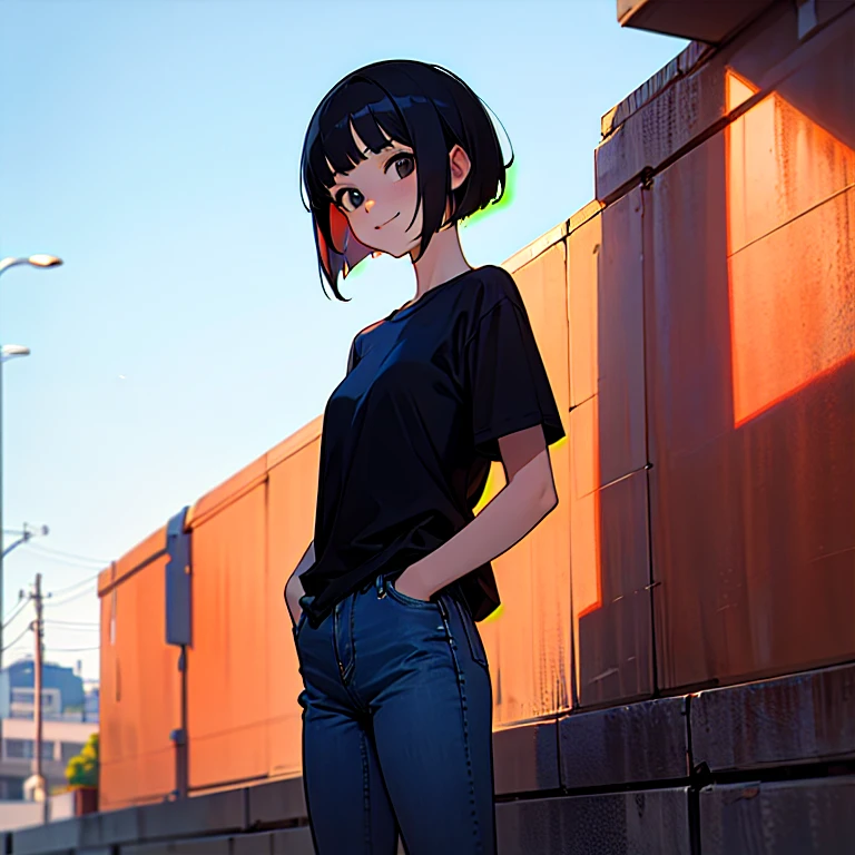 1girl, solo, mature female, tomboy, straight hair, very short hair, black hair, short bangs, black eyes, black t-shirt, blue jeans, standing, hands in pockets, looking at viewer, smile, outdoors