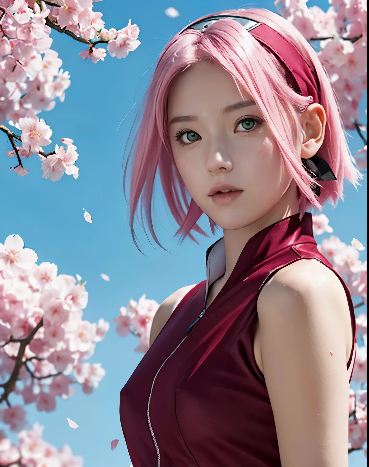 haruno sakura, naruto \(series\), naruto shippuuden, anime art style, masterpiece, red shirt, shirt, short hair, sleeveless, sleeveless shirt, forehead protector, hairband, konohagakure symbol on hairband, 1girl, solo, bangs, breasts, closed mouth, elbow sleeve, eyes visible through hair, floating hair, foreshortening, green eyes, hair intakes, parted bangs, pink hair, small breasts, v-shaped eyebrows, detailed background, outdoor, cherry blossoms, sky, (ultra detailed), (8k, intricate), (85mm), light particles, lighting, full body, (highly detailed:1.2), breast focus, (gradients), sfw, colorful, (detailed background), (rule of third_composition:1.3), (Line of action:1.2), daylight, solo