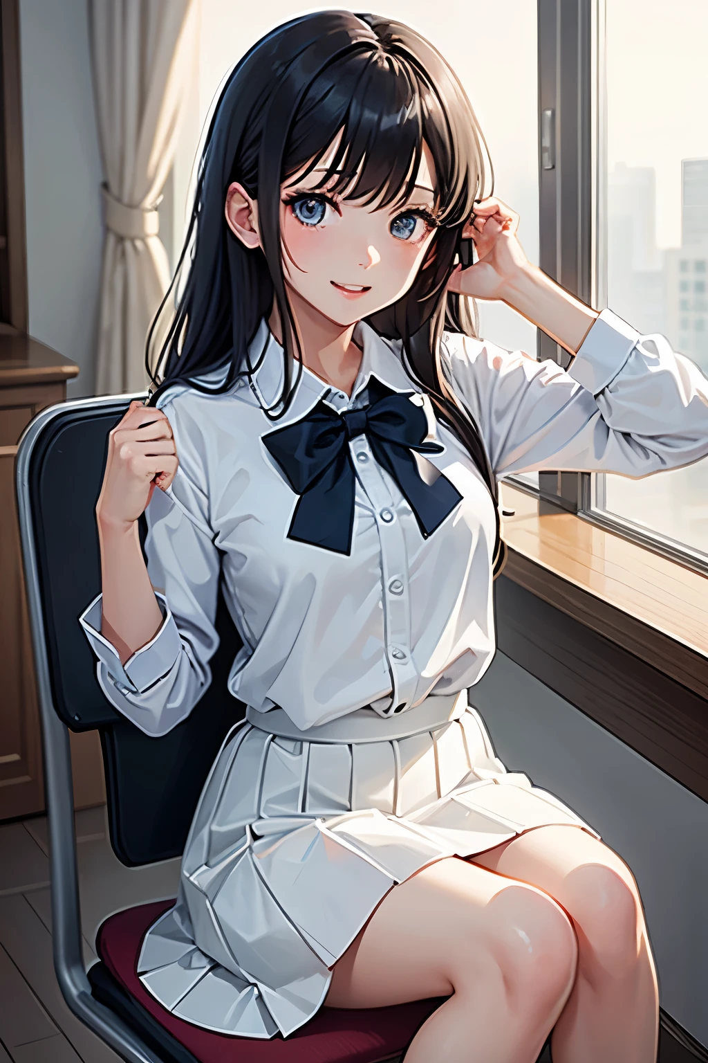 top-quality、lighting like a movie、1 High school girl sister、school classrooms、sit at a desk and chair、ssmile、small tits、White Uniform、pleatedskirt