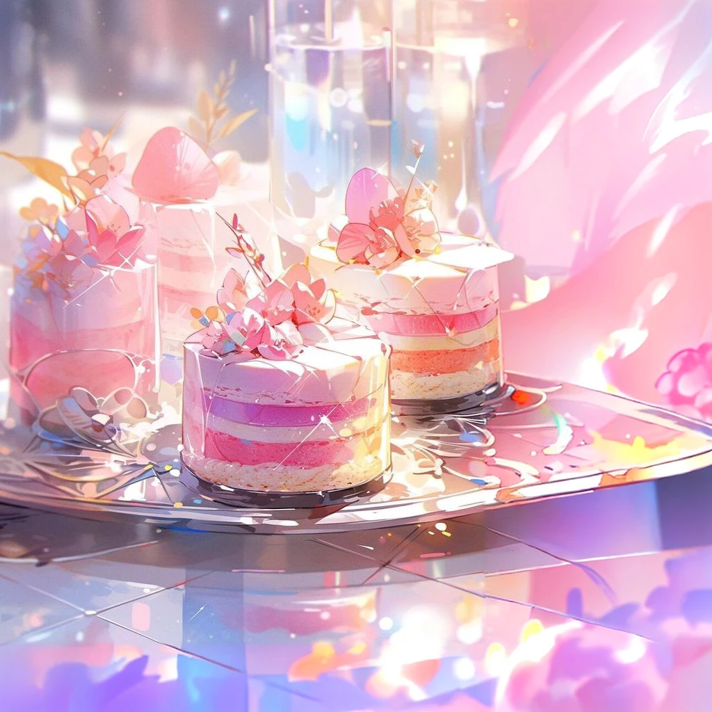 there are three cakes on a tray with flowers on top, cakes, ❤🔥🍄🌪, cake art, sweets, eating cakes, rossdraws pastel vibrant, baking artwork, inspired by Yanjun Cheng, digital art on pixiv, beautiful kawaii lighting, beautiful artwork, by Yuumei, sea of parfait, pink pastel, kawaii aesthetic