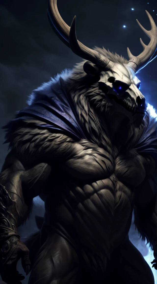 monster, fur on body, scales on belly, majestic fur mantle, wendigo skull, elk horns, giant, bear body, threatening, stands menacingly, wide body, illustration, (best quality, 4k, highres, masterpiece:1.2), ultra-detailed, realistic, horror, sharp focus, vivid colors, nighttime lighting,