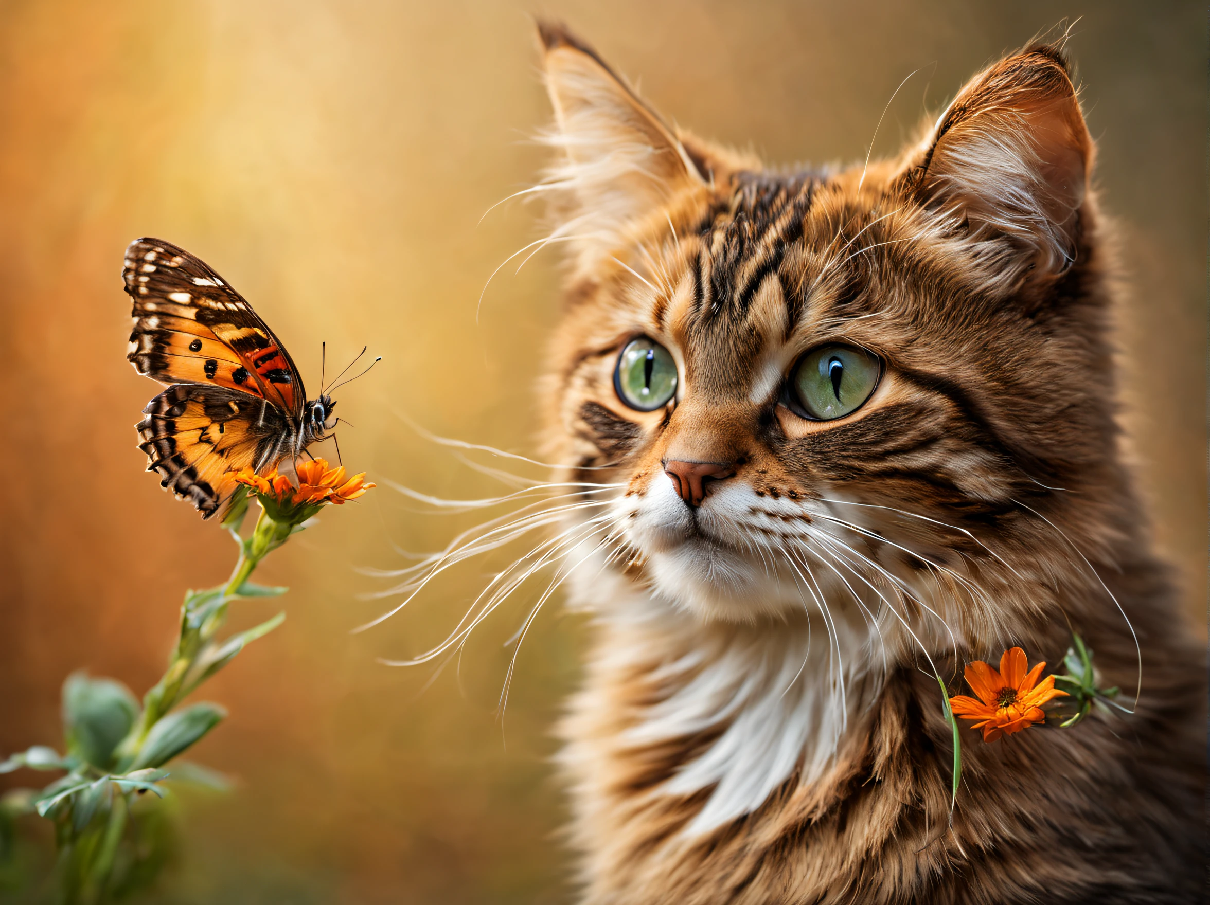 Cute little cat playing with a vibrant butterfly in a serene, neutral background, captured in stunning detail and vibrance. Use digital photography techniques to highlight the intricate textures of the cat's fur and the delicate wings of the butterfly. Opt for a natural soft light to enhance the overall charm and tenderness of the scene. Experiment with warm and earthy tones in the color palette, creating a cozy and inviting atmosphere. Employ a high-resolution camera like the Nikon D850 DSLR, paired with a macro lens like the Nikon AF-S VR Micro-NIKKOR 105mm f/2.8G IF-ED, to capture every minute detail with precision. Emphasize hyper-realism and highly detailed imagery, producing a captivating and lifelike composition. Output the final image in a high-resolution 16k format with an aspect ratio of 16:9 and a quality setting of 2.