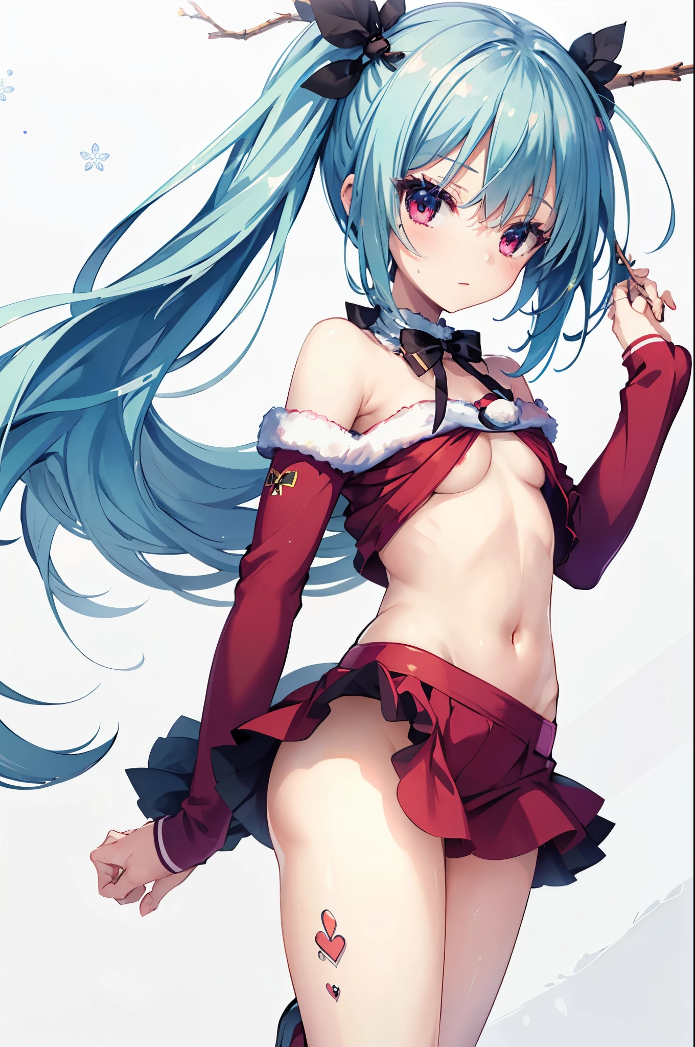 One Girl,stick out buttocks,Rubbing the buttocks,tiny girl,Perfect body,small tits,Whip thighs,santa costume,Detached sleeves,Twin-tailed,Blue-haired,Naughty face,White background,Top image quality,Best Quality
