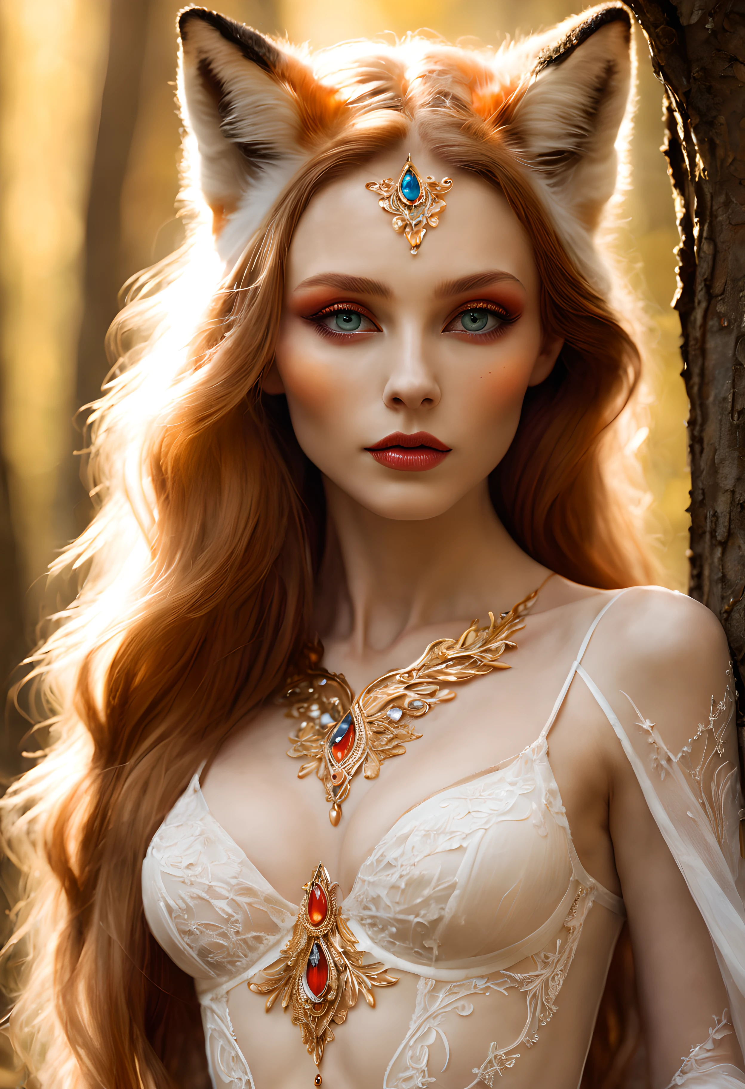 hight resolution,Ultra-detailed,The Fox Woman,beautiful detail eyes,beautiful detailed lips,Long flowing hair,Flawless porcelain skin,Graceful posture,Unearthly beauty,Enchanted Forest Background,bright colours,Soft sunlight, Piercing the Trees,mythical creature,spirit of nature,intricate patterns on her fur,realisti, fantasy style,Soft and warm color palette,Fairytale atmosphere,Subtle radiance, illuminating her facial features,Shimmering gold accents,hint of a magical aura,mesmerizing and mesmerizing presence, Nude, Erotic lingerie