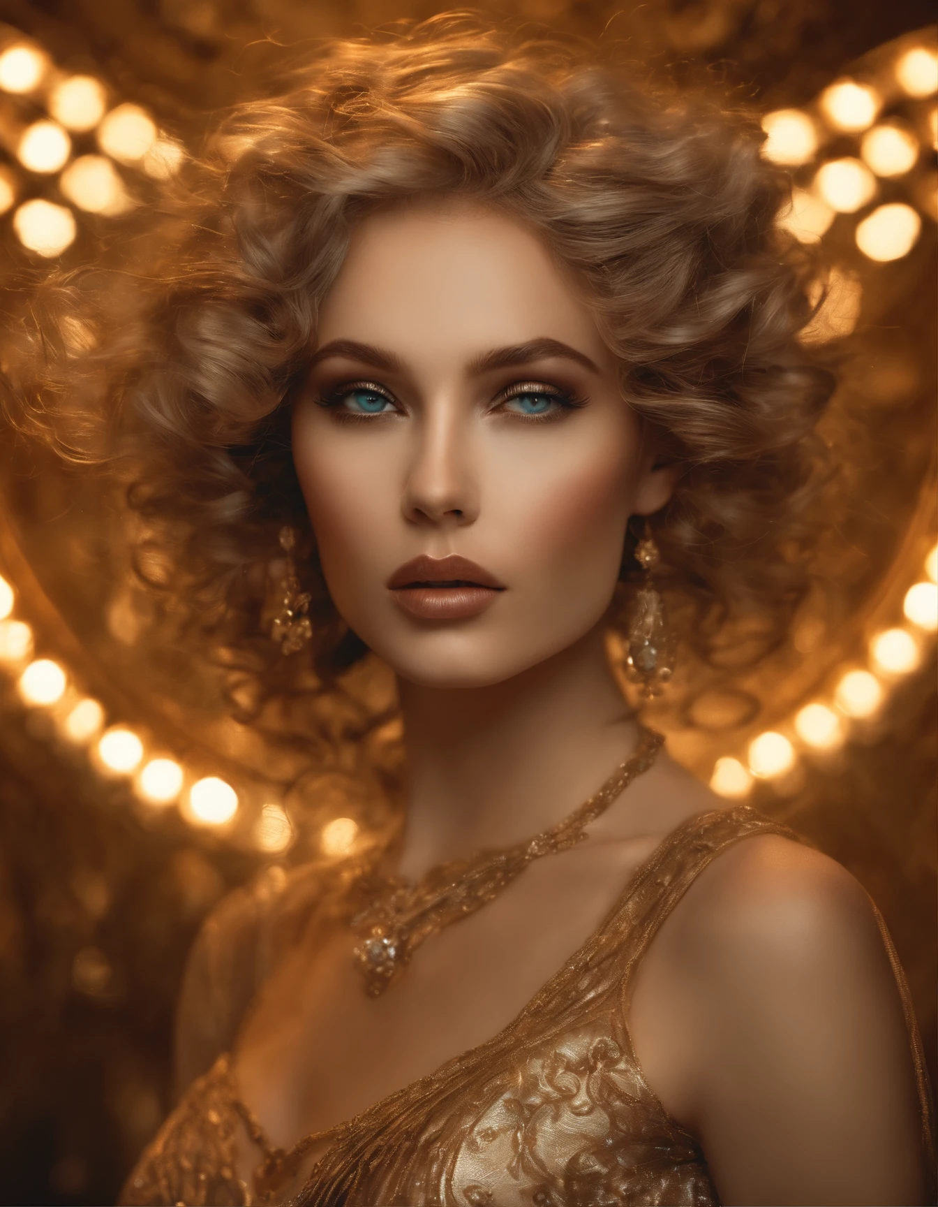Fantastic portrait, insanely beautiful humanoid cyber girl,  with a twist of rococo extravaganza, reminiscent of Tamara de Lempicka’s Art Deco elegance, clothes consisting of a weave of translucent wires with gold flecks, full body pose, intrusive, saturated, intricate background, textured image, spots, scattered rays of light, flickering light, realistic skin texture, gaze, platinum, shimmering rain, shimmering makeup, (((tattoos))), unearthly, inlay, translucent shining eyes, curls, bizarre, ornate, matte poster, highly detailed, hyperdetalized face and eyes, disheveled hair fluttering in the wind, overly detailed, scattered chaotic light