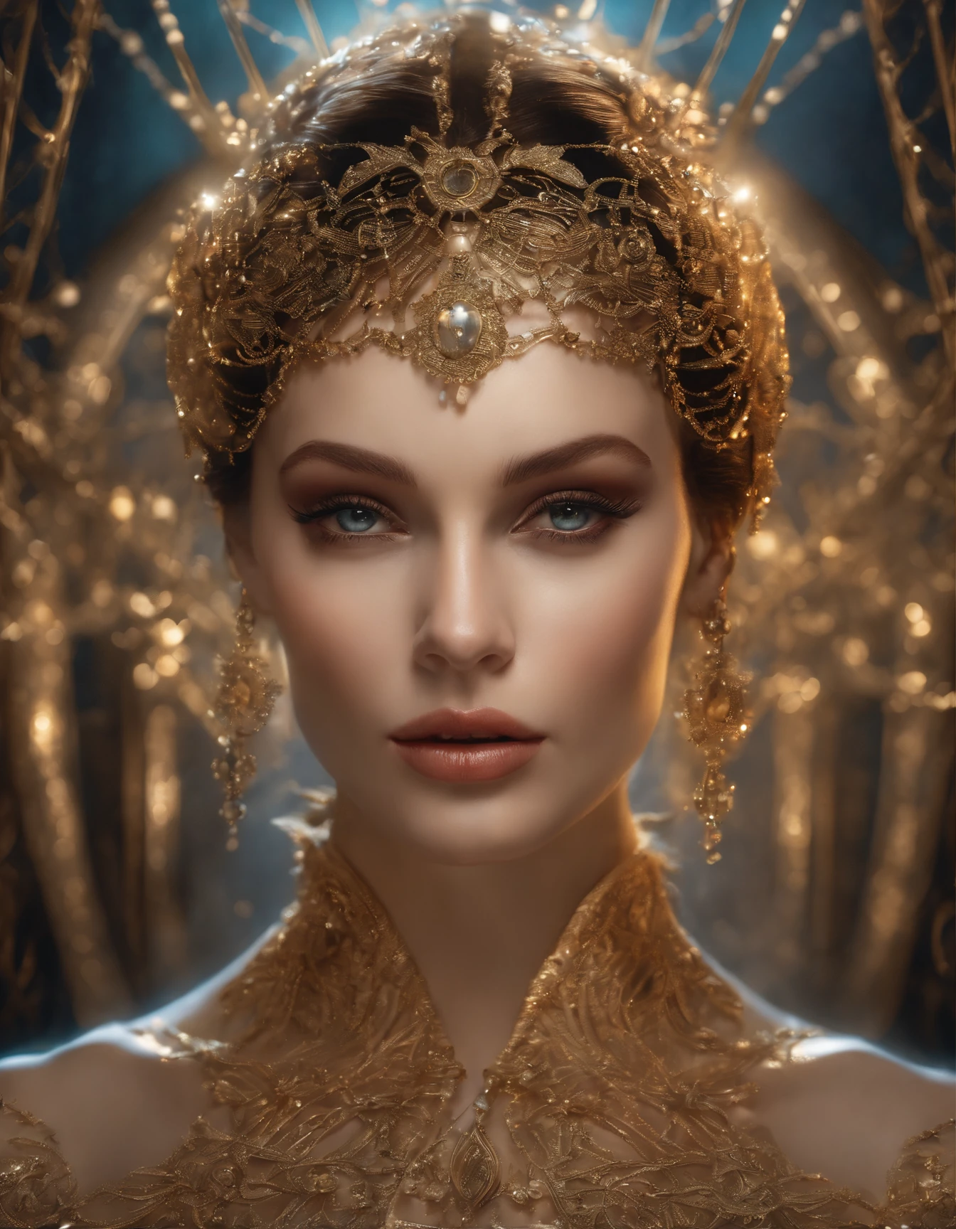 Fantastic portrait, insanely beautiful humanoid cyber girl, with a twist of rococo extravaganza, reminiscent of Tamara de Lempicka’s Art Deco elegance, clothes consisting of a weave of translucent wires with gold flecks, full body pose, intrusive, saturated, intricate background, textured image, spots, scattered rays of light, flickering light, realistic skin texture, gaze, platinum, shimmering rain, shimmering makeup, (((tattoos))), unearthly, inlay, translucent shining eyes, curls, bizarre, ornate, matte poster, highly detailed, hyperdetalized face and eyes, disheveled hair fluttering in the wind, overly detailed, scattered chaotic light