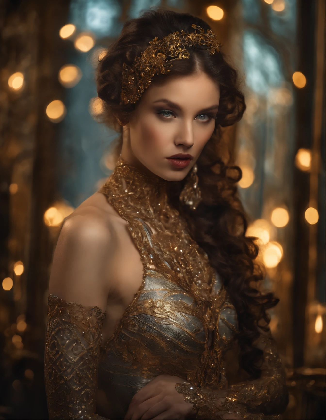 Fantastic portrait, insanely beautiful humanoid cyber girl,  with a twist of rococo extravaganza, reminiscent of Tamara de Lempicka’s Art Deco elegance, clothes consisting of a weave of translucent wires with gold flecks, full body pose, intrusive, saturated, intricate background, textured image, spots, scattered rays of light, flickering light, realistic skin texture, gaze, platinum, shimmering rain, shimmering makeup, (((tattoos))), unearthly, inlay, translucent shining eyes, curls, bizarre, ornate, matte poster, highly detailed, hyperdetalized face and eyes, disheveled hair fluttering in the wind, overly detailed, scattered chaotic light