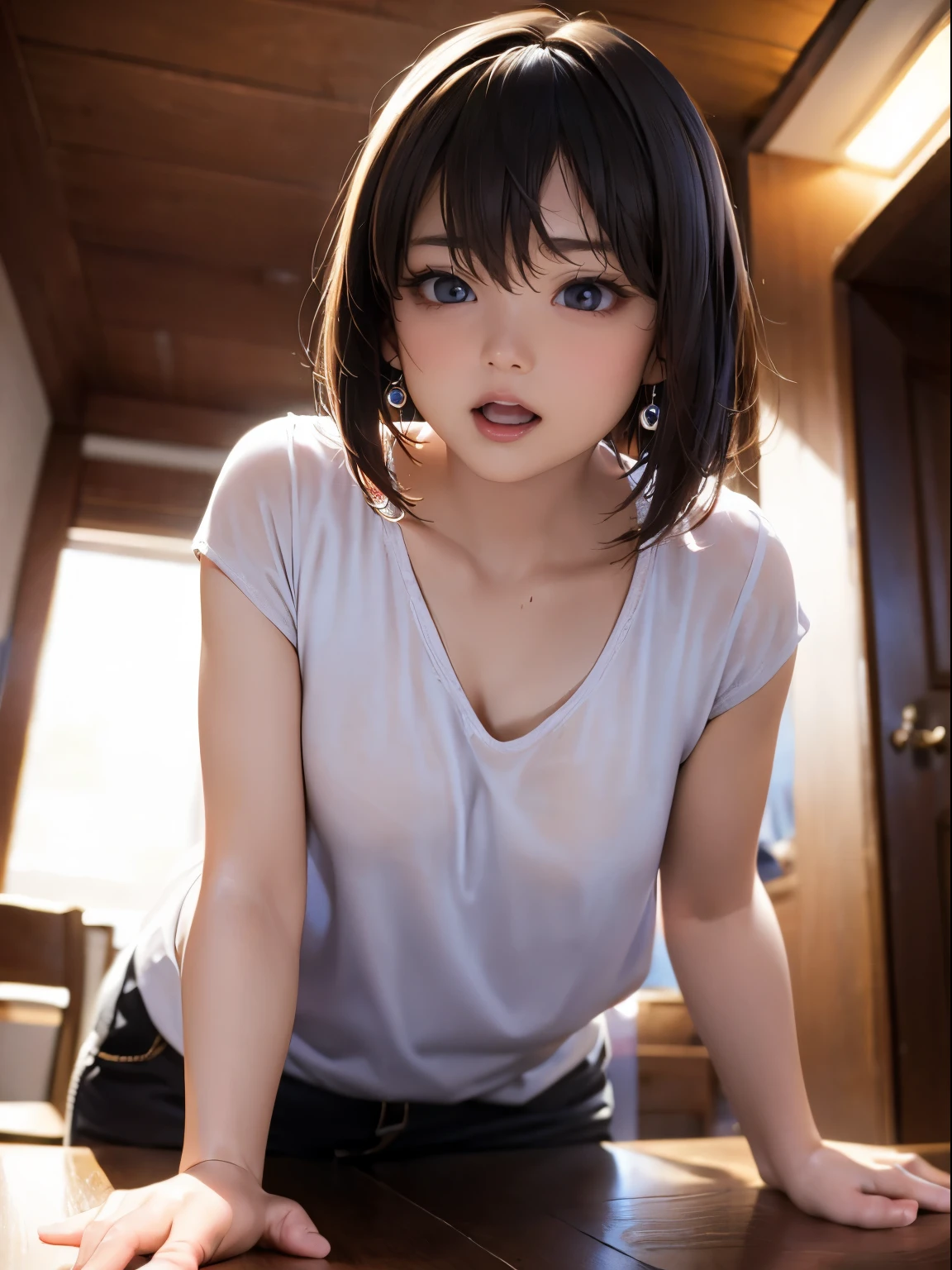 high-definition images, atmospheric perspective, 8k, super detail, accurate, best quality, single shot, (a woman is masturbating with the corner edge of the table, lean on the table), slut, ((orgasm, ecstasy face)), (blush), dark brown pupil, open mouth, ((drooping eyes, blush)), ((sleepy)), (angle from below), (outside, eccentric place), (eccentric pose), chest, tiny earrings, short bob, pinches chest,
