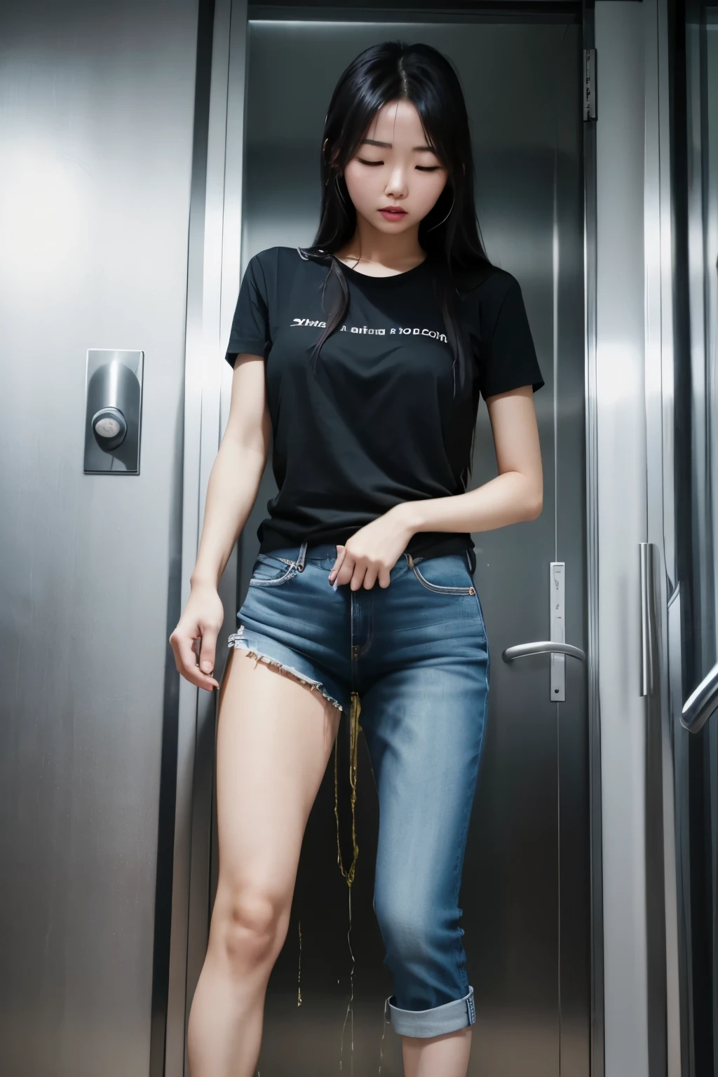 fit korean girl, desperate to pee, accident, trying to hold pee, need to pee badly, peeing herself. stuck in elevator