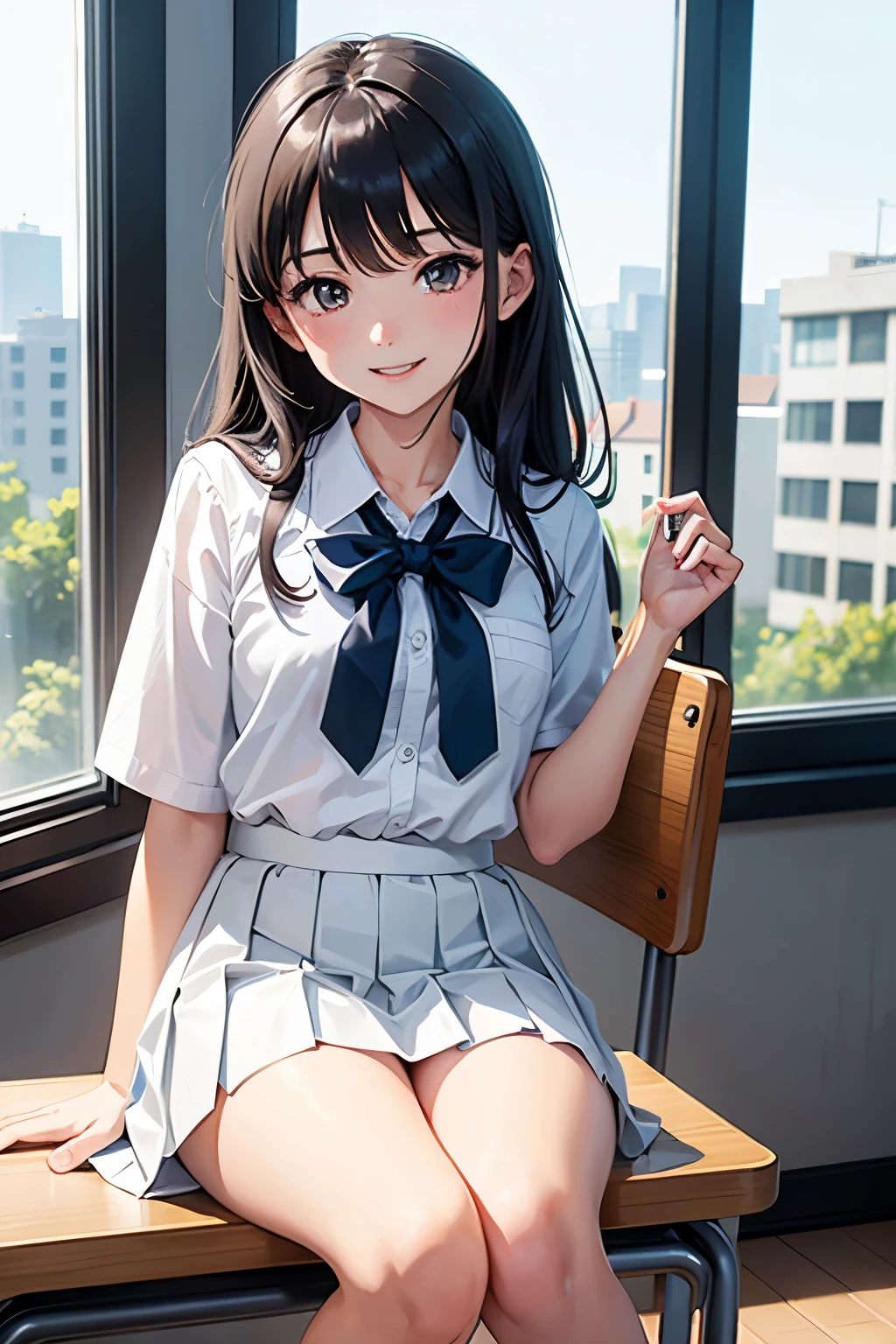 top-quality、lighting like a movie、1 High school girl sister、school classrooms、sit at a desk and chair、ssmile、small tits、White Uniform、pleated skirt white panties exposed