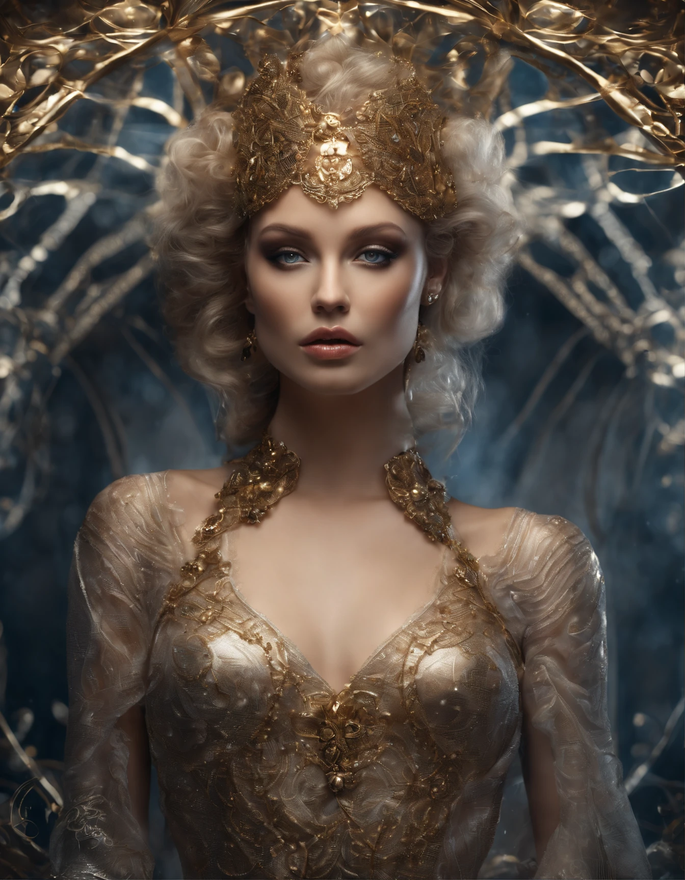 Fantastic portrait, insanely beautiful humanoid cyber girl,  with a twist of rococo extravaganza, reminiscent of Tamara de Lempicka’s Art Deco elegance, clothes consisting of a weave of translucent wires with gold flecks, full body pose, intrusive, saturated, intricate background, textured image, spots, scattered rays of light, flickering light, realistic skin texture, gaze, platinum, shimmering rain, shimmering makeup, (((tattoos))), unearthly, inlay, translucent shining eyes, curls, bizarre, ornate, matte poster, highly detailed, hyperdetalized face and eyes, disheveled hair fluttering in the wind, overly detailed, scattered chaotic light