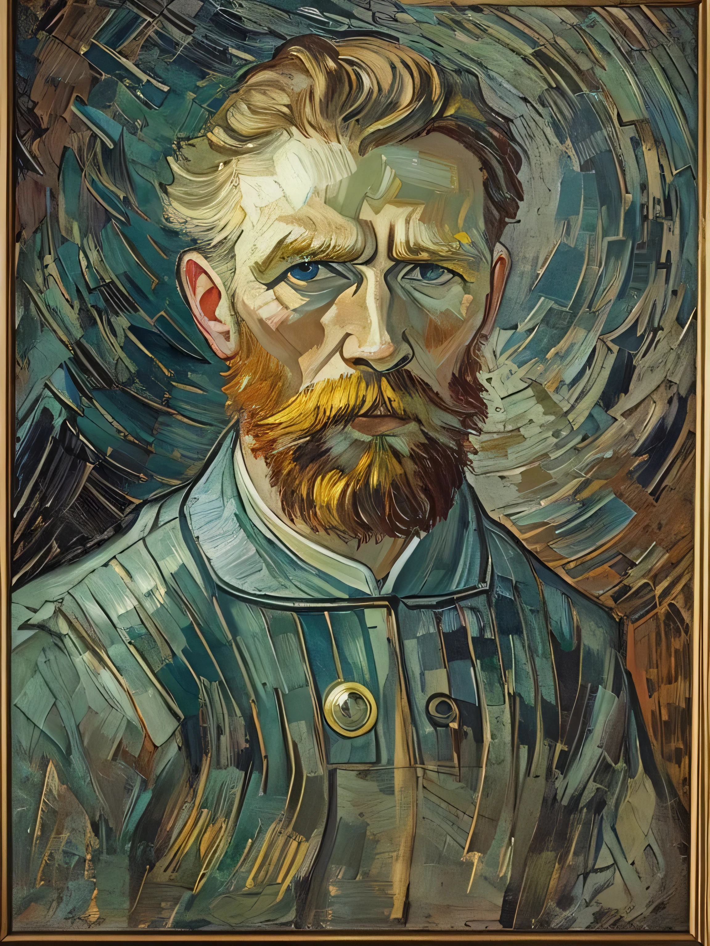 oil portrait on canvas of the painter vincent van gogh in his style and with his particular brushstroke in clothing of his time, con su pelo bigotudo y escasa barba rojiza, sus grandes entradas frontales, su mirada loca perdida y profunda, Fondo claro derecho pintado con pinceladas finas y delicadas, Obra maestra, (((fondo de fondo plano uniforme muy oscuro)))