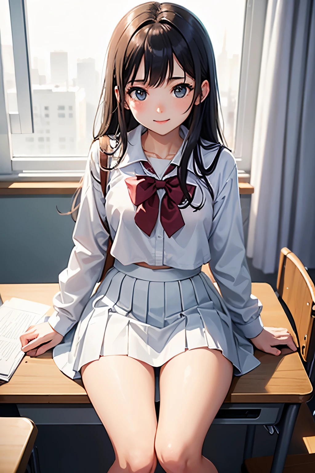 top-quality、lighting like a movie、1 High school girl sister、school classrooms、sit at a desk and chair、ssmile、small tits、White Uniform、pleatedskirt、white panties exposed