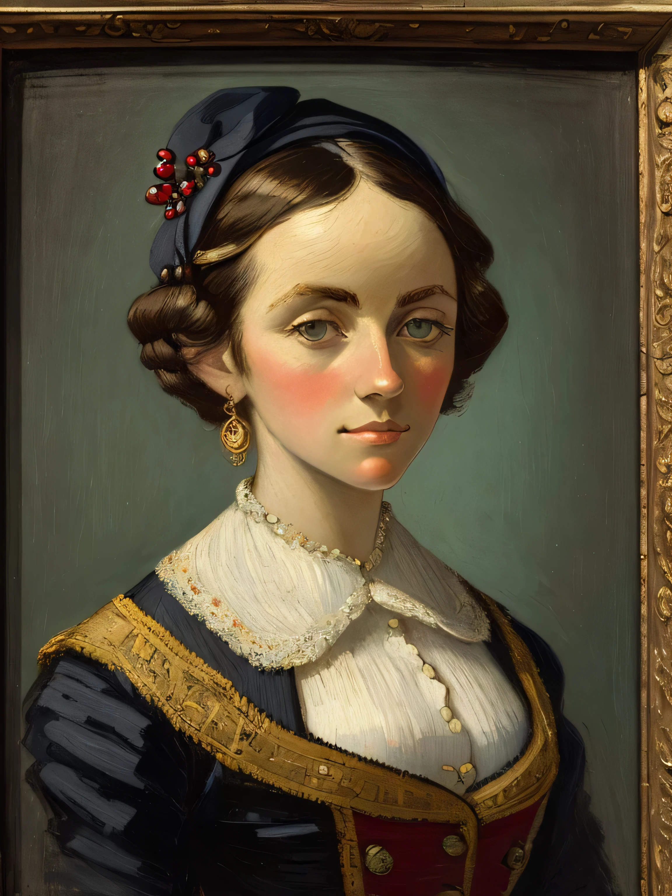 Oil on canvas portrait of a very attractive woman with a pomegranate in her hand in the style of Vincent Van Gogh and with Van Gogh's signature brush, with attractive brown hair, big frontal hairlines, crazy lost and deep look, light background right painting has been With fine and delicate brushwork, masterpiece, (((very dark uniform flat background)))