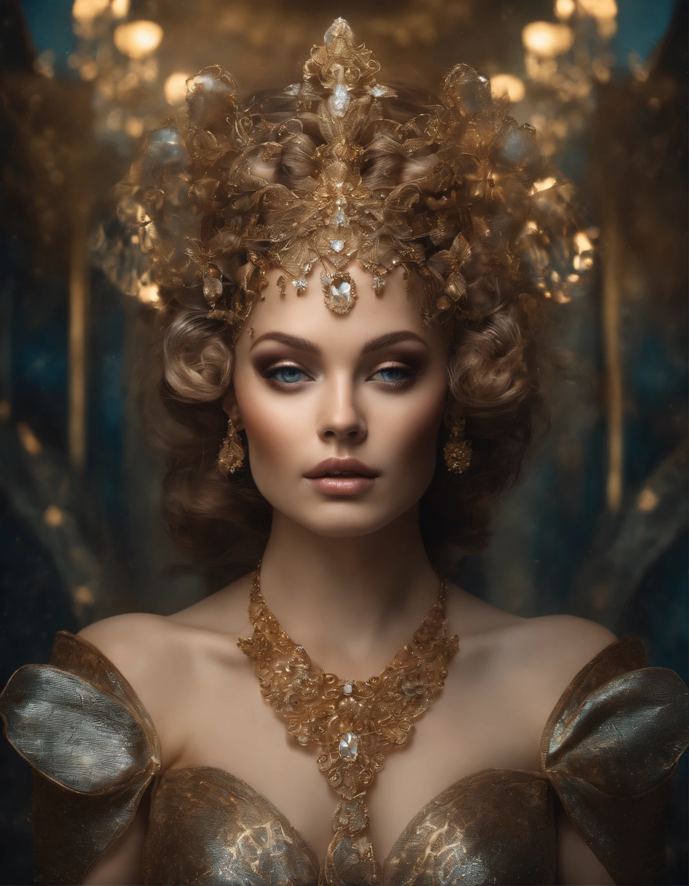 Fantastic portrait, insanely beautiful humanoid cyber girl, with a twist of rococo extravaganza, reminiscent of Tamara de Lempicka’s Art Deco elegance, clothes consisting of a weave of translucent wires with gold flecks, full body pose, intrusive, saturated, intricate background, textured image, spots, scattered rays of light, flickering light, realistic skin texture, gaze, platinum, shimmering rain, shimmering makeup, (((tattoos))), unearthly, inlay, translucent shining eyes, curls, bizarre, ornate, matte poster, highly detailed, hyperdetalized face and eyes, disheveled hair fluttering in the wind, overly detailed, scattered chaotic light