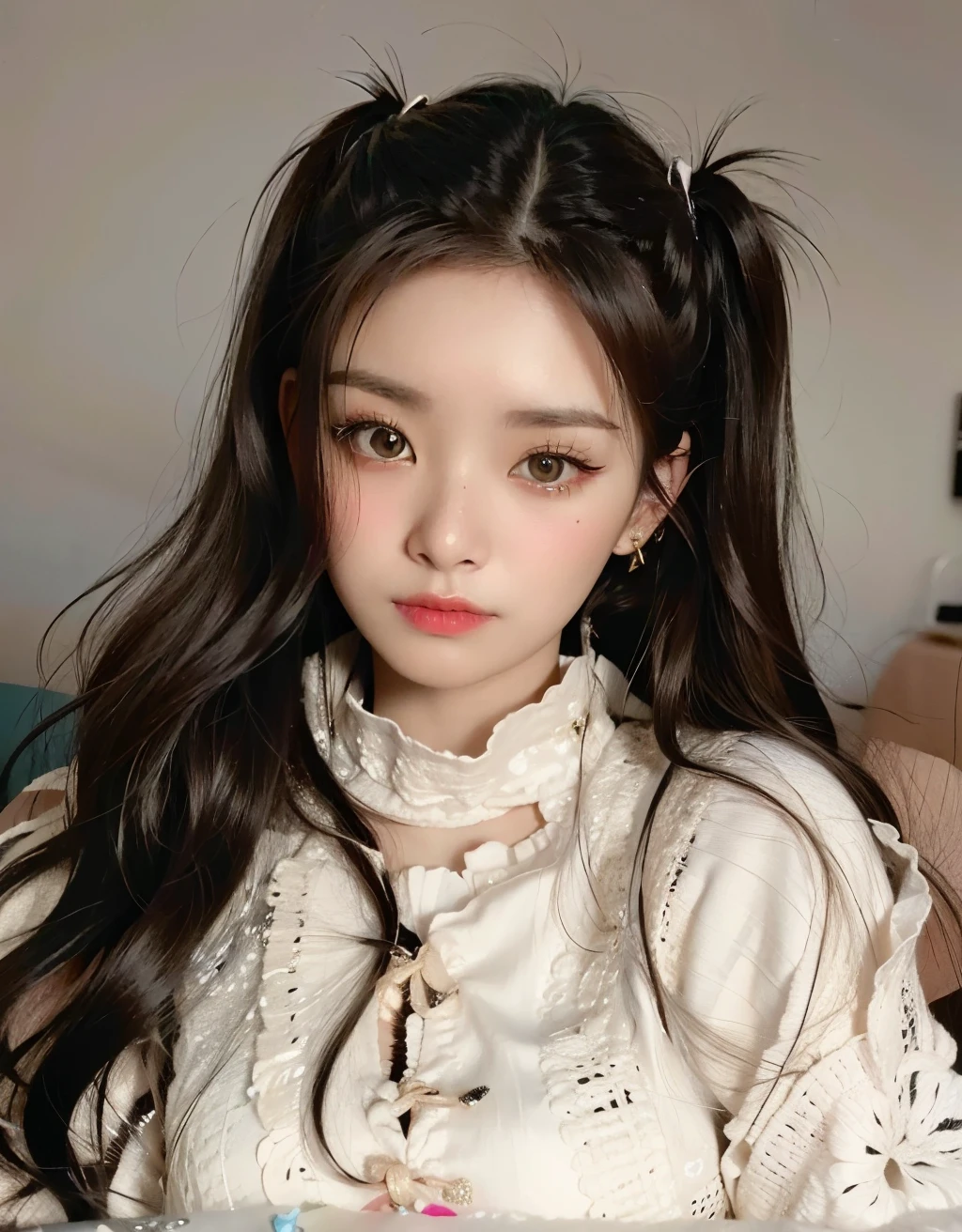 A close-up of a woman with long hair wearing a sweater, ulzzang, Joven y adorable rostro coreano, peinado de coletas, Wan adorable cara coreana, Peinado twintails, Chica coreana, Peinado blanco de corte hime, south east asian with round face, maquillaje popular de Corea del Sur, Rasgos de la cara coreana, maquillaje coreano popular, two peinado de coletas, Asian girl with long hair