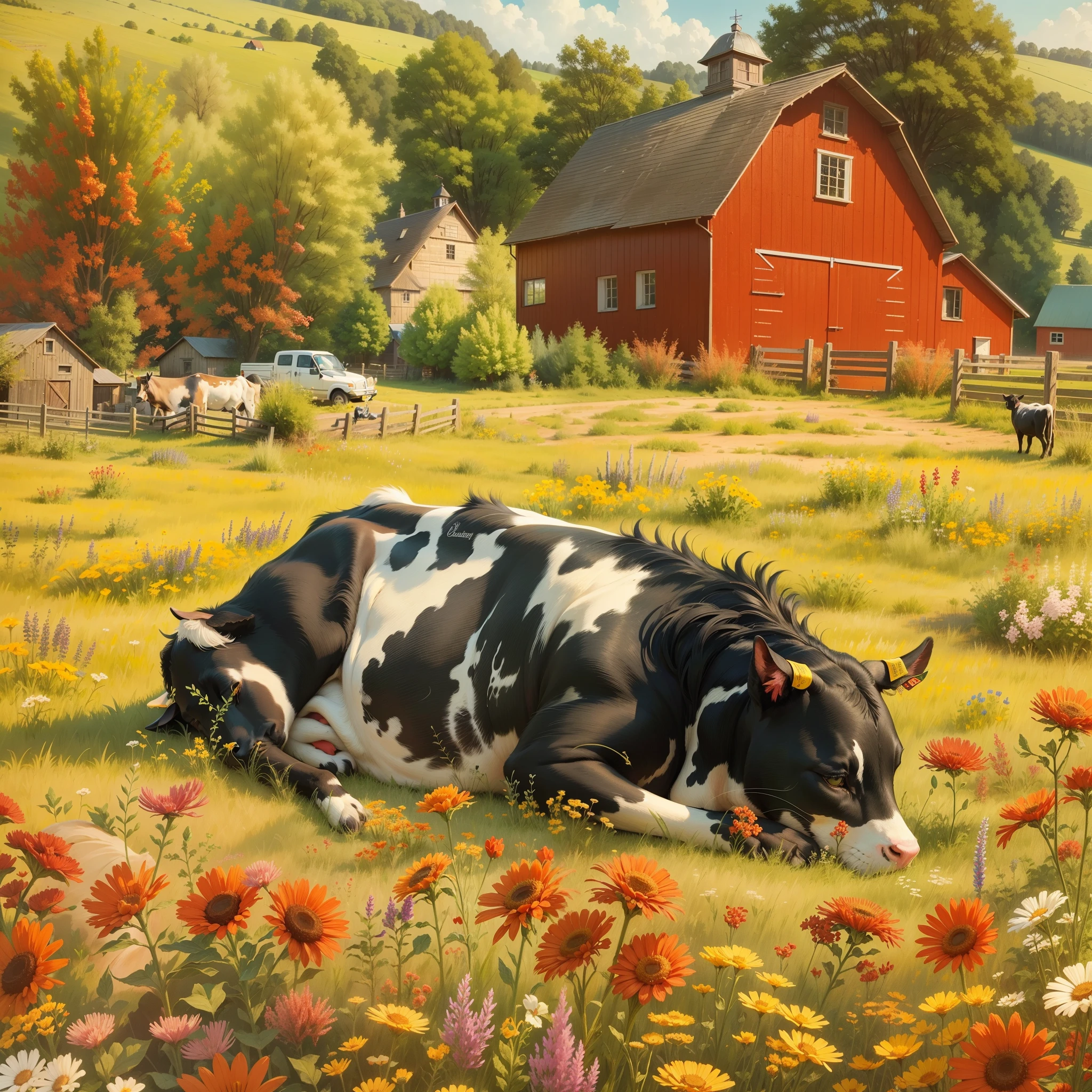 a cow is grazing in a farm field, a black cat is curled up nearby, a sunny day, grasses and wildflowers, a traditional red barn in the background