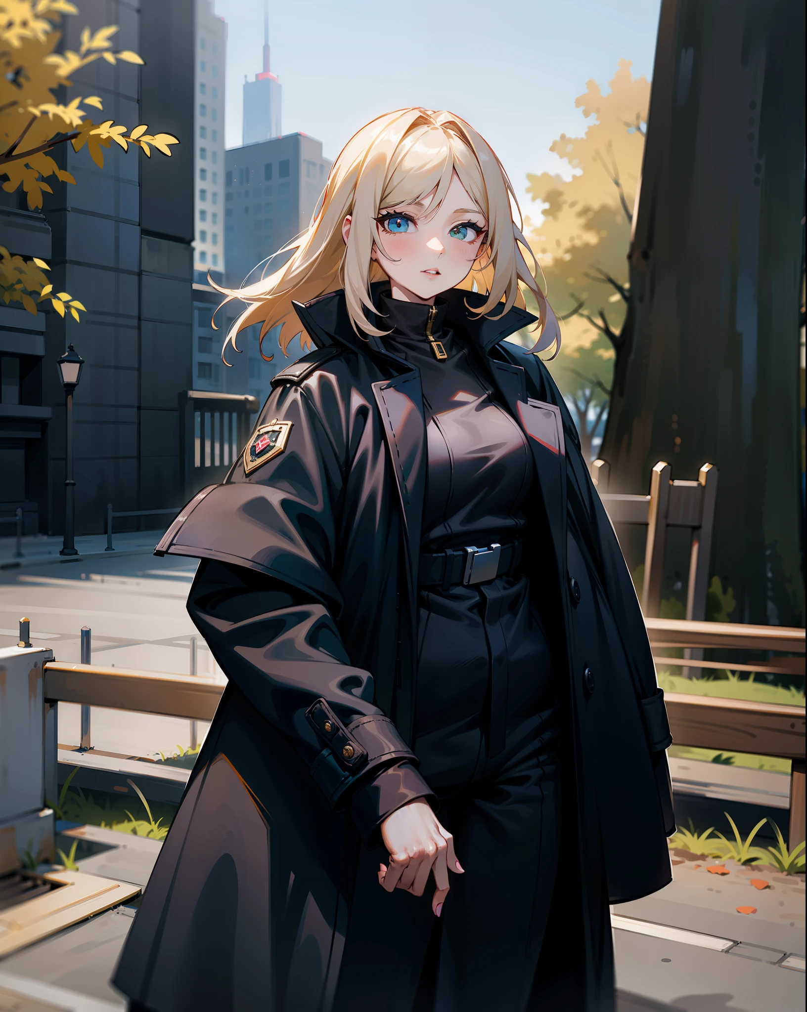 blond woman in black coat and black pants standing in a park, in a city park, dasha taran, aleksandra waliszewska, standing in a city center, yelena belova, anna nikonova aka newmilky, in city street, style of julia razumova, she is wearing streetwear, angelina stroganova