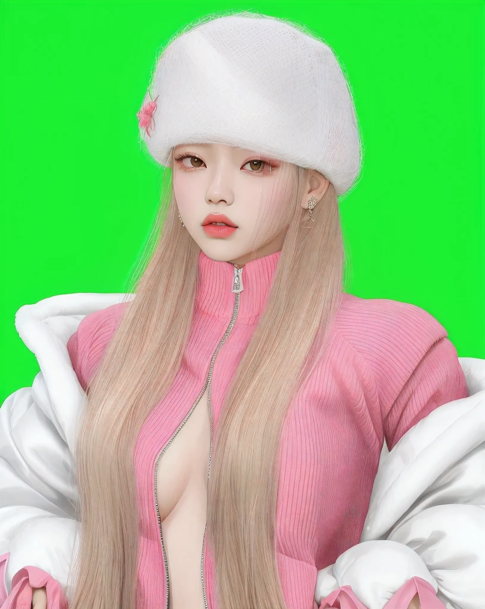 a close-up of a woman wearing a pink jacket and a white hat, inspirado em Sim Sa-jeong, Retrato de Jossi do Blackpink, inspirado em Jang Seung-eop, Parque Roseanne do Blackpink, inspirado em Gang Se-hwang, inspirado em Kim Deuk-sin, jossi do blackpink, inspirado em Ren Renfa