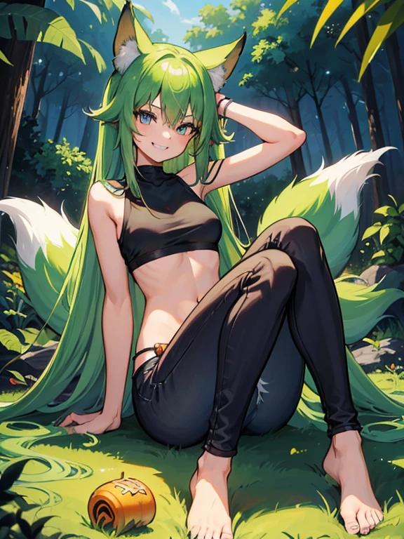 1girl, long green hair, fullbody shot, fox ears, fox tail, barefoot, blue eyes, grin, forest, black croptop, jeans