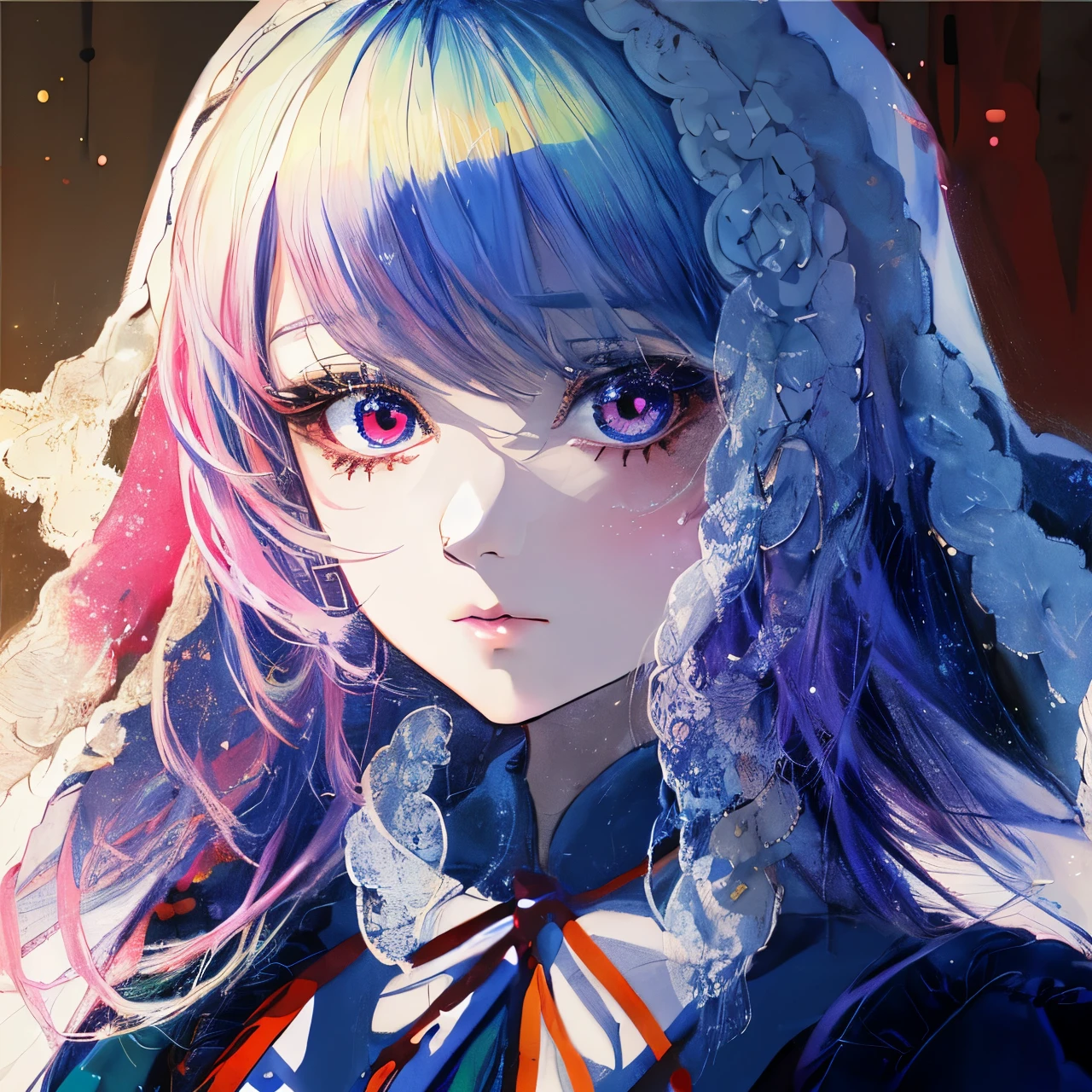 a close up of a person with a colorful hair and a tie, Anime styled digital art, stunning anime face portrait, beautiful anime style, detailed digital anime art, Beautiful anime portrait, digital anime art, kawaii realistic portrait, Anime style. 8K, Anime style portrait, detailed portrait of anime girl, realistic anime style, digital anime illustration, Anime style art suiseiseki
heterochromia, twin drills, long hair hood, white headwear, Shawl Doll joints