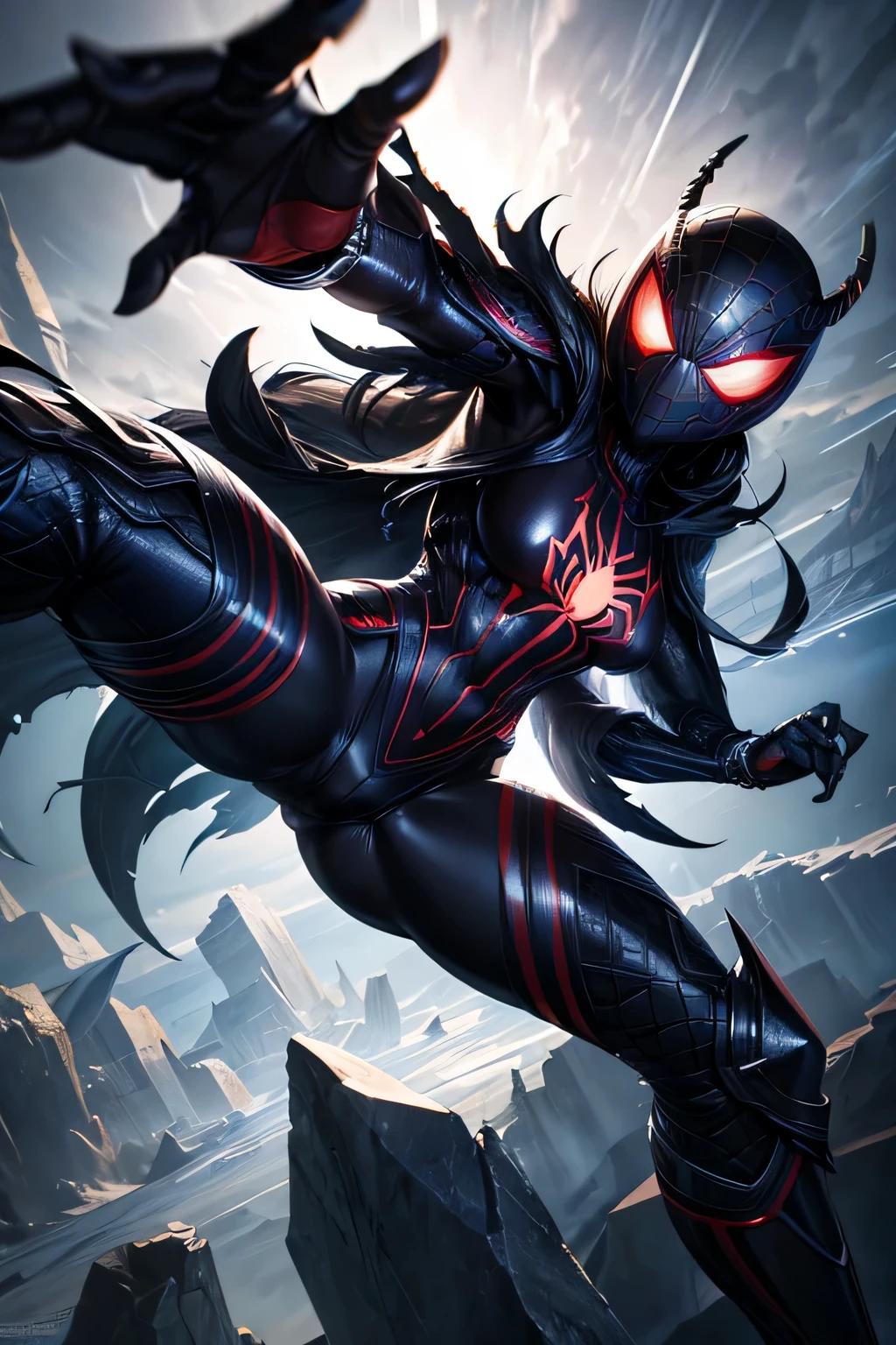 Superhero Spidergirl, black costume with white spider crest on the chest, on roof, combat stance, highly detailed, vibrant appearance, creative behavior, extremly detailed, imaginative, , spontaneous, highest quality, skin texture, intricate details, (cinematic lighting), RAW photo, 8k, masterpiece,best quality,ultra-detailed,very detailed illustrations,extremely detailed,intricate details,highres,super complex details,extremely detailed 8k cg wallpaper,