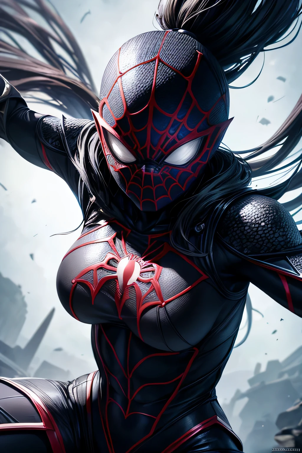 Superhero Spidergirl, black costume with white spider crest on the chest, on roof, combat stance, highly detailed, vibrant appearance, creative behavior, extremly detailed, imaginative, , spontaneous, highest quality, skin texture, intricate details, (cinematic lighting), RAW photo, 8k, masterpiece,best quality,ultra-detailed,very detailed illustrations,extremely detailed,intricate details,highres,super complex details,extremely detailed 8k cg wallpaper,