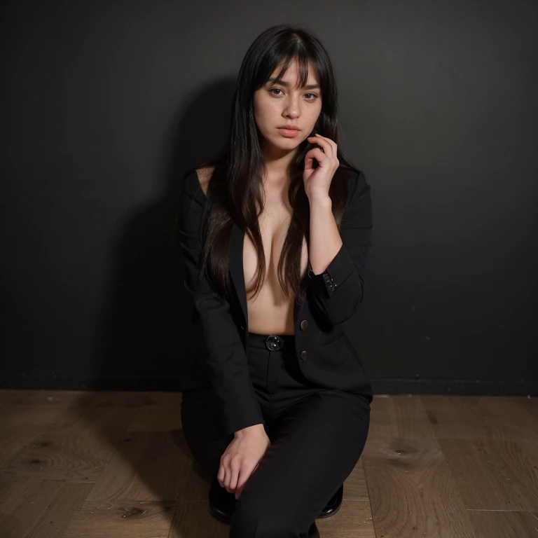 Full body photo of a pretty young 1girl, big cheeks, very long hair, black hair, side-swept bangs, side fring hair, Black Suit and a tie, pin heels, model poses, crossed legs, Full body , best quality, realistic, 8k,