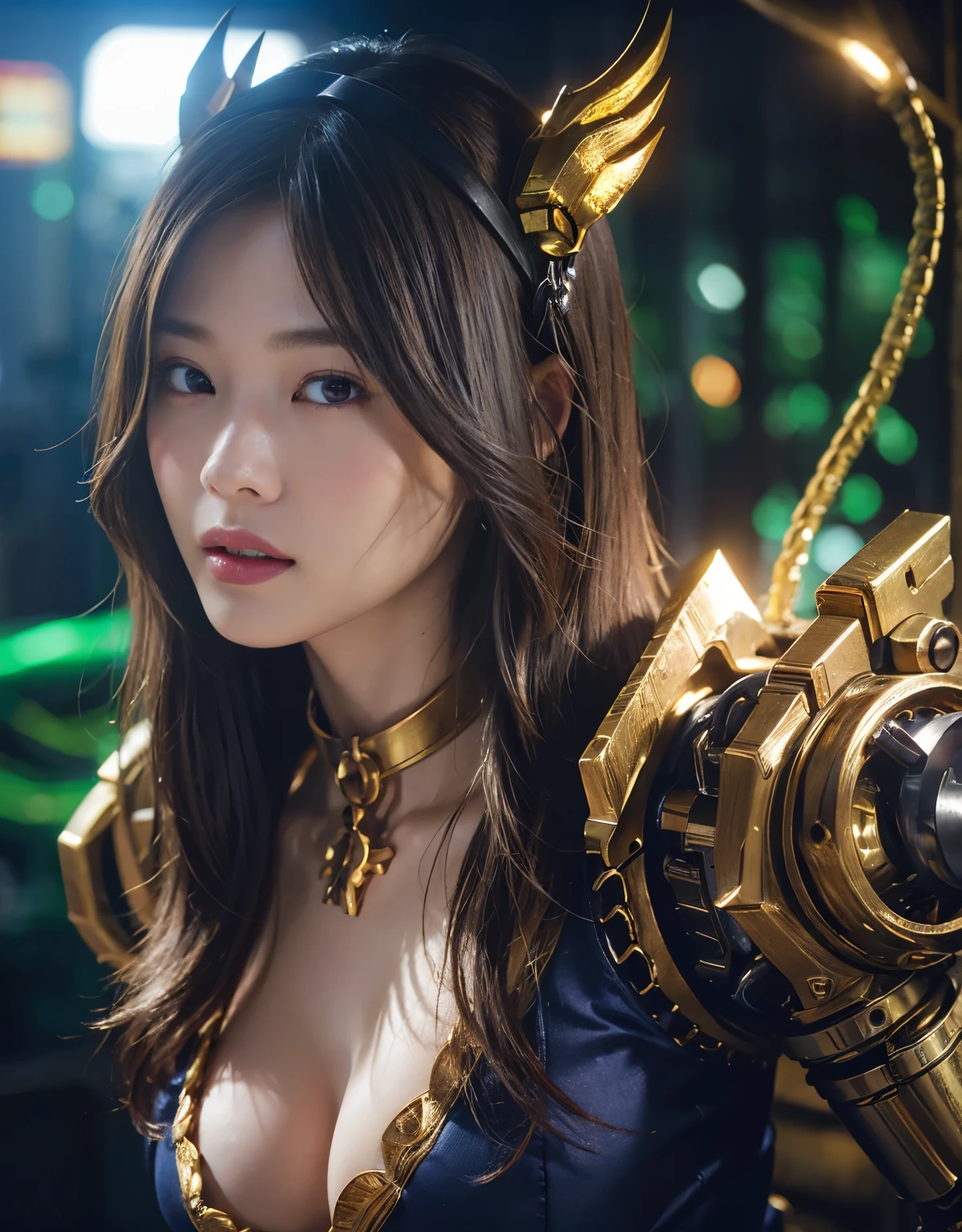 ((Fighting Demonic Beasts))、top-quality、masterpiece、超A high resolution、(Photorealsitic:1.4)、Raw photo、1人、Golden hair、glowy skin、(((1 Mechanical Girl)))、With a beautiful knife、(Blue Metal Bodysuit)、(beautiful forest background)、(Fighting Demonic Beasts)、(Small LED)、((super realistic details))、vertical giant monster background),globalillumination、Shadow、octan render、8K、ultrasharp、Colossal tits、Raw skin is exposed in cleavage、metals、Details of complex ornaments、Japan details、highly intricate detail、Realistic light、CGSoation Trends、Red Eyes、Eyes shining towards the camera、neon details、(Mechanical edge blood vessels connected to tubes)、Mechanical vertebrae attached to the back、mechanical cervical attaching to neck、(Wires and cables connecting to the head)、Gundam、Small LED、,Mechanical thighs、Toostock、(Hands are also made of machines)、(Attack of the Monster Beasts)、(Wounded in a deadly battle)、