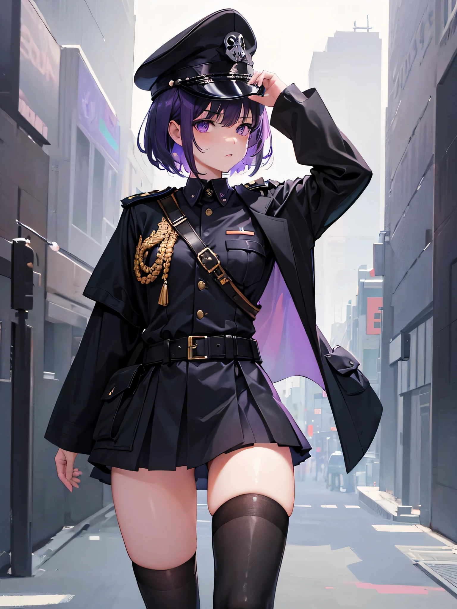 1 girl, short messy purple hair, black military uniform, black military hat with skull, dark city, high res, ultrasharp, 8K, masterpiece, looking at viewer