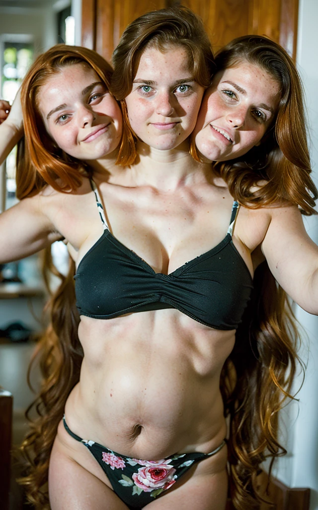 3heads, (three headed girl:1.5), (15 year old girl and a 13 year old girl:1.5), (brunette and redhead:1.2), (uncomfortable and annoyed:1.3), pregnant